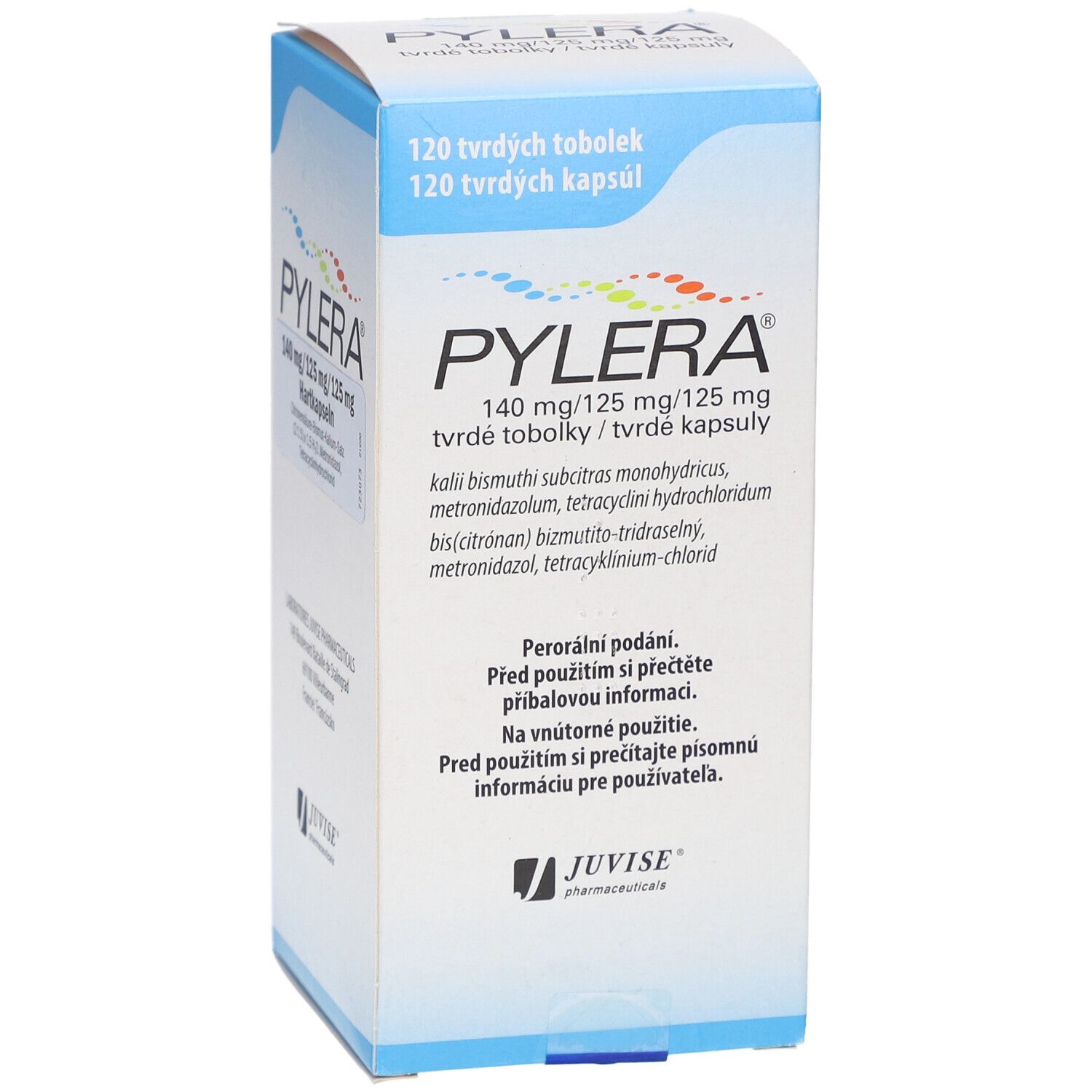 Pylera-Verpackung. 120 Kapseln. Aufschrift: 140 mg/125 mg/125 mg. Hersteller: JUVİSE Pharmaceuticals.
