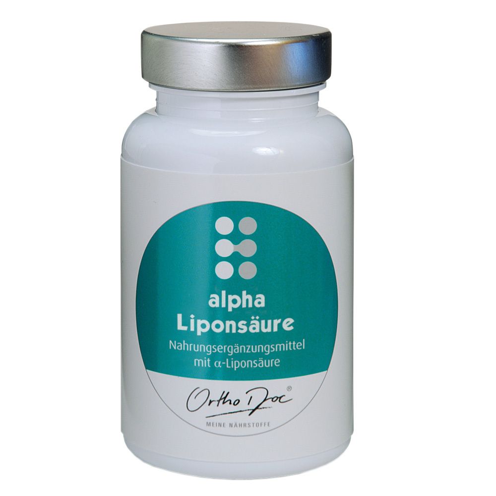 Weißes Pillenfläschchen mit silbernem Deckel. Aufkleber mit grüner Fläche und Schriftzug alpha Liponsäure. Marke OrthoDoc®.
