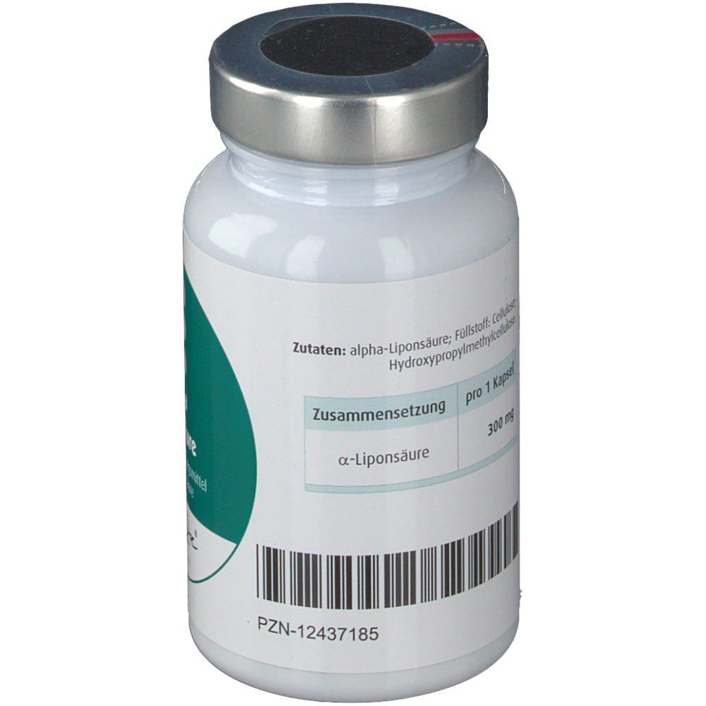 Weißes Pillenfläschchen, Rückseite mit Zutatenliste und Barcode. Silberner Deckel. Text: alpha-Liponsäure, 300 mg.