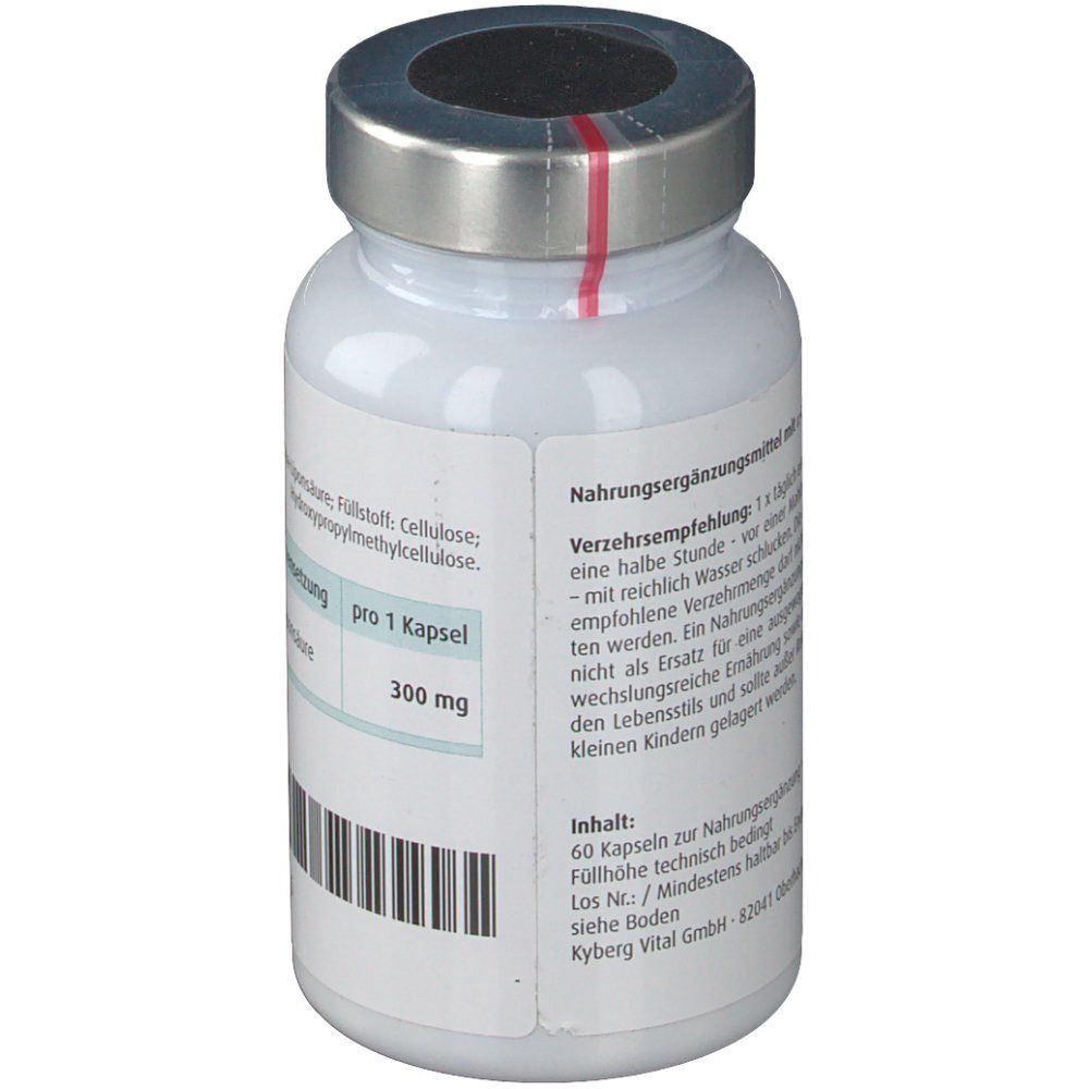 Weißes Pillenfläschchen, Rückseite mit Verzehrempfehlung. Silberner Deckel. Text: alpha-Liponsäure, 300 mg.