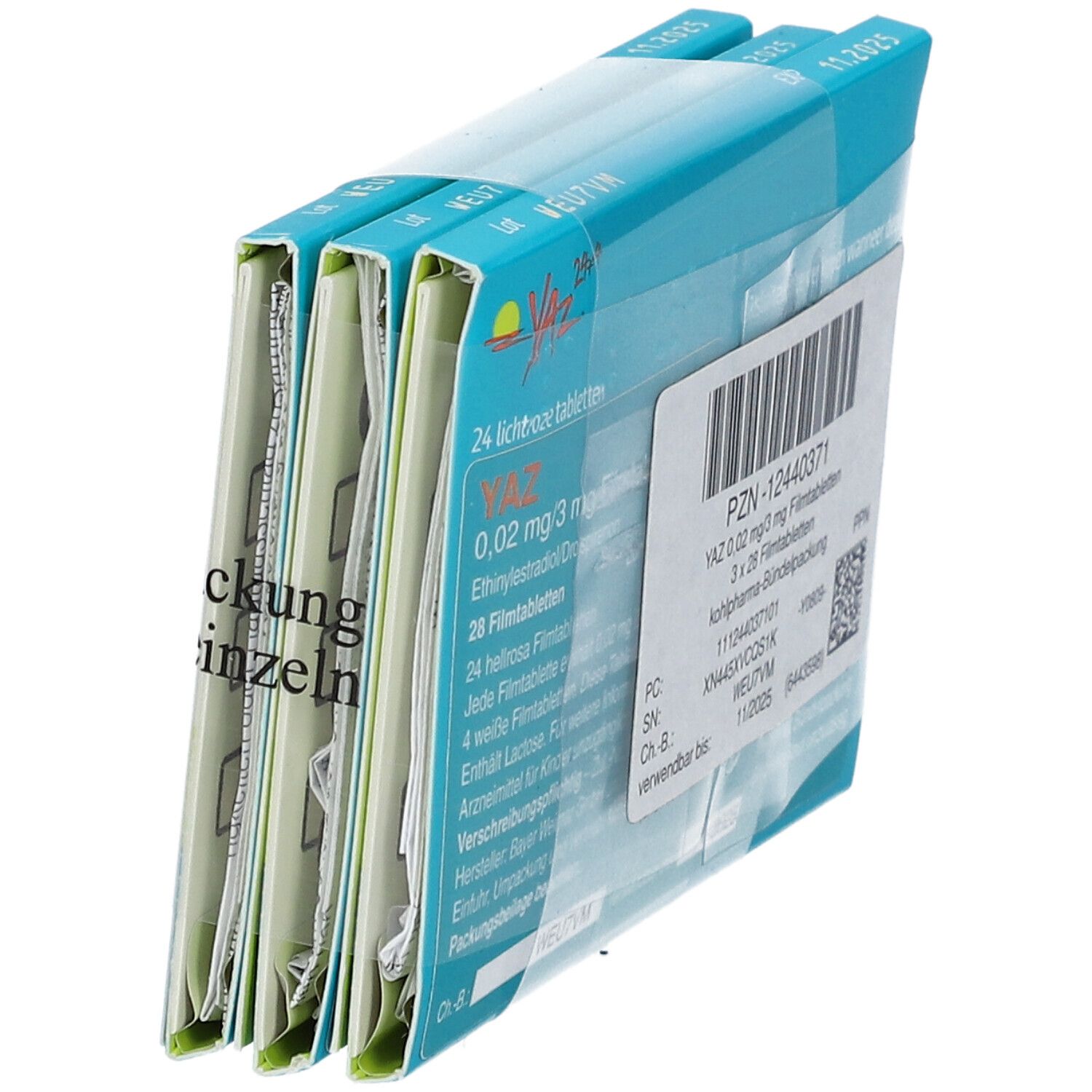 Mehrere Packungen Yaz. Aufdruck: 0,02 mg/3 mg Filmtabletten. PZN-Nummer. Haltbarkeit bis 11/2025. Bündelpackung.