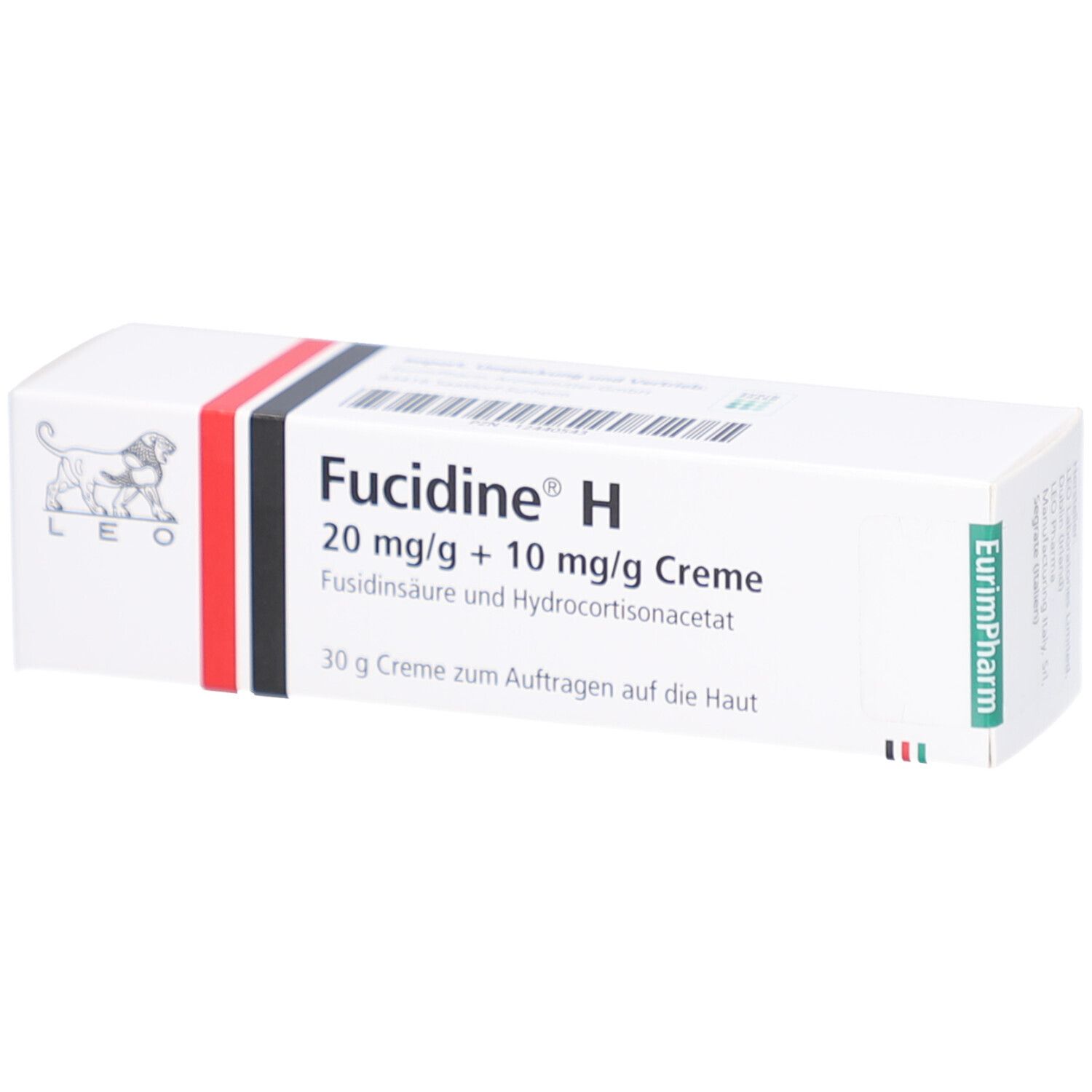 Weiße Faltschachtel mit rotem und schwarzem Streifen. Aufschrift: Fucidine H 20 mg/g + 10 mg/g Creme. Logo: Löwe.