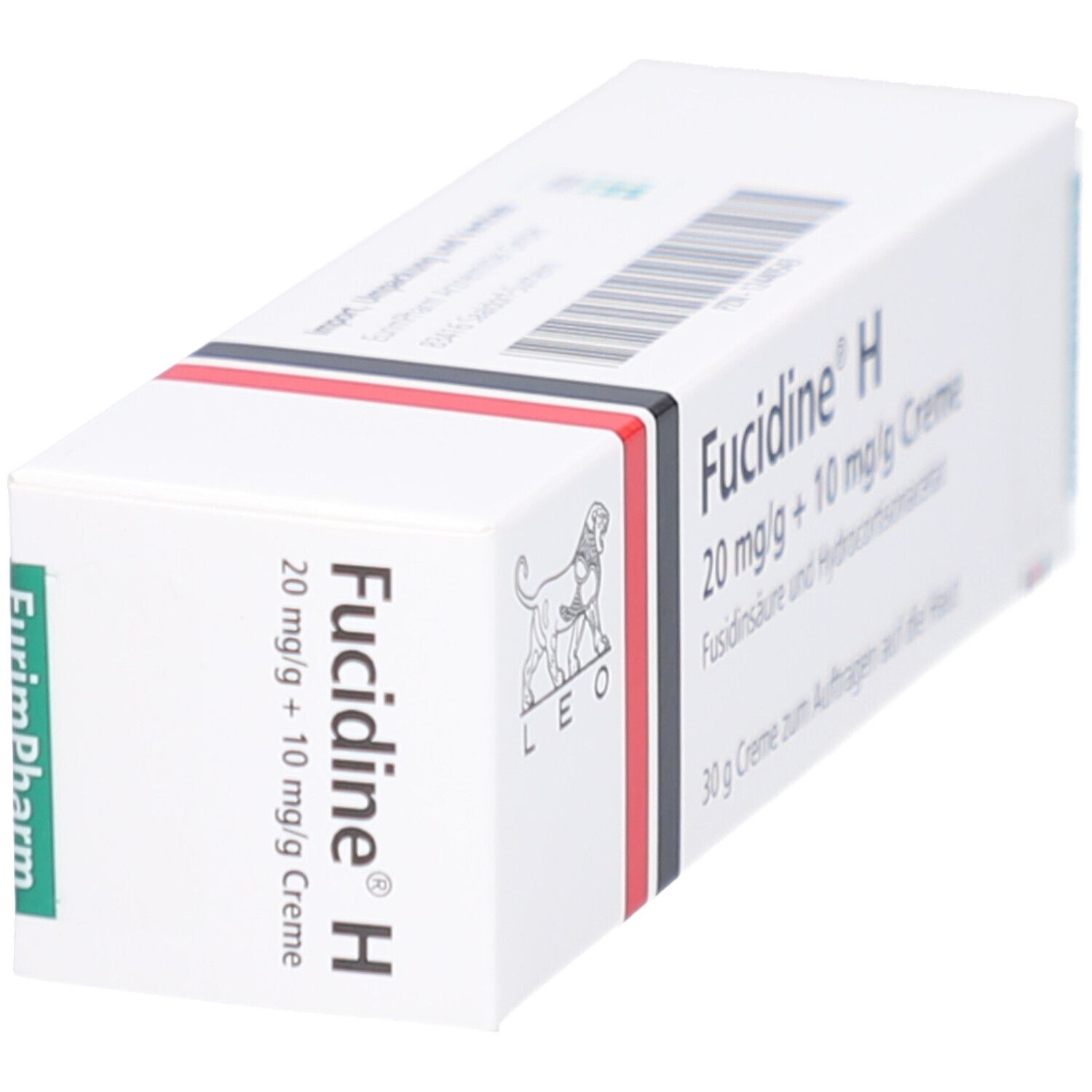 Weiße Faltschachtel mit rotem und schwarzem Streifen. Aufschrift: Fucidine H 20 mg/g + 10 mg/g Creme. Logo: Löwe.