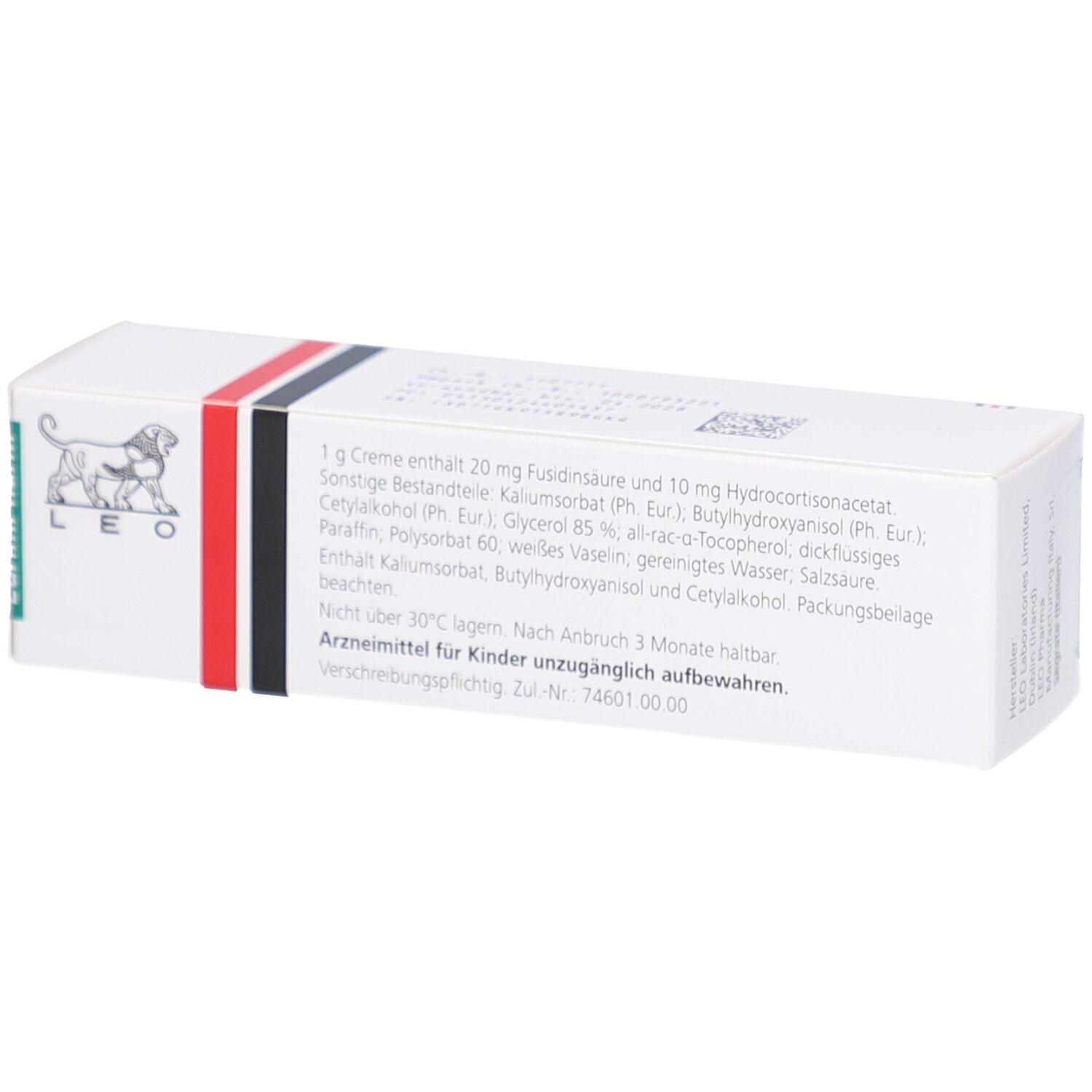 Rückseite der Faltschachtel. Text: Inhaltsstoffe, Hinweise, Hersteller. Logo: Löwe.