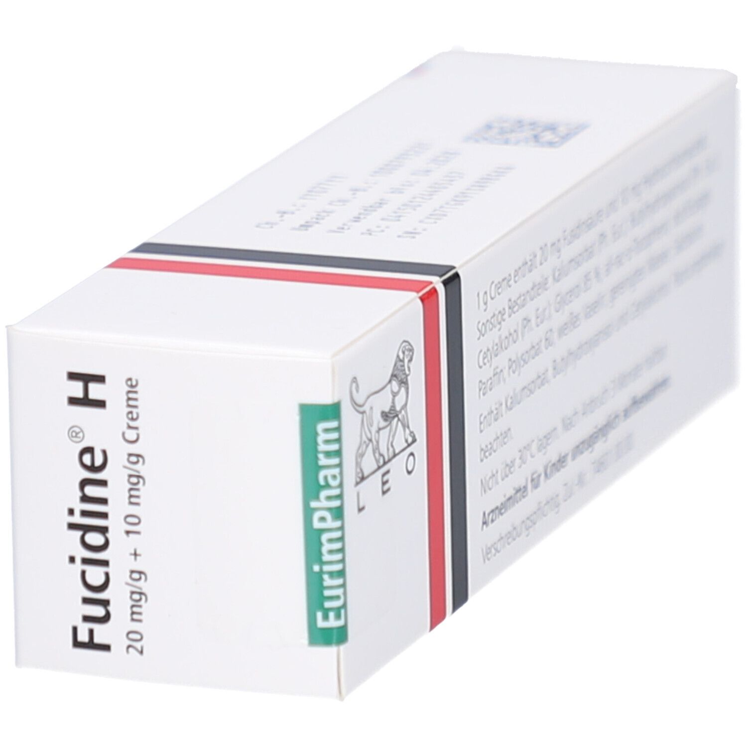 Weiße Faltschachtel mit rotem und schwarzem Streifen. Aufschrift: Fucidine H 20 mg/g + 10 mg/g Creme. Logo: Löwe.