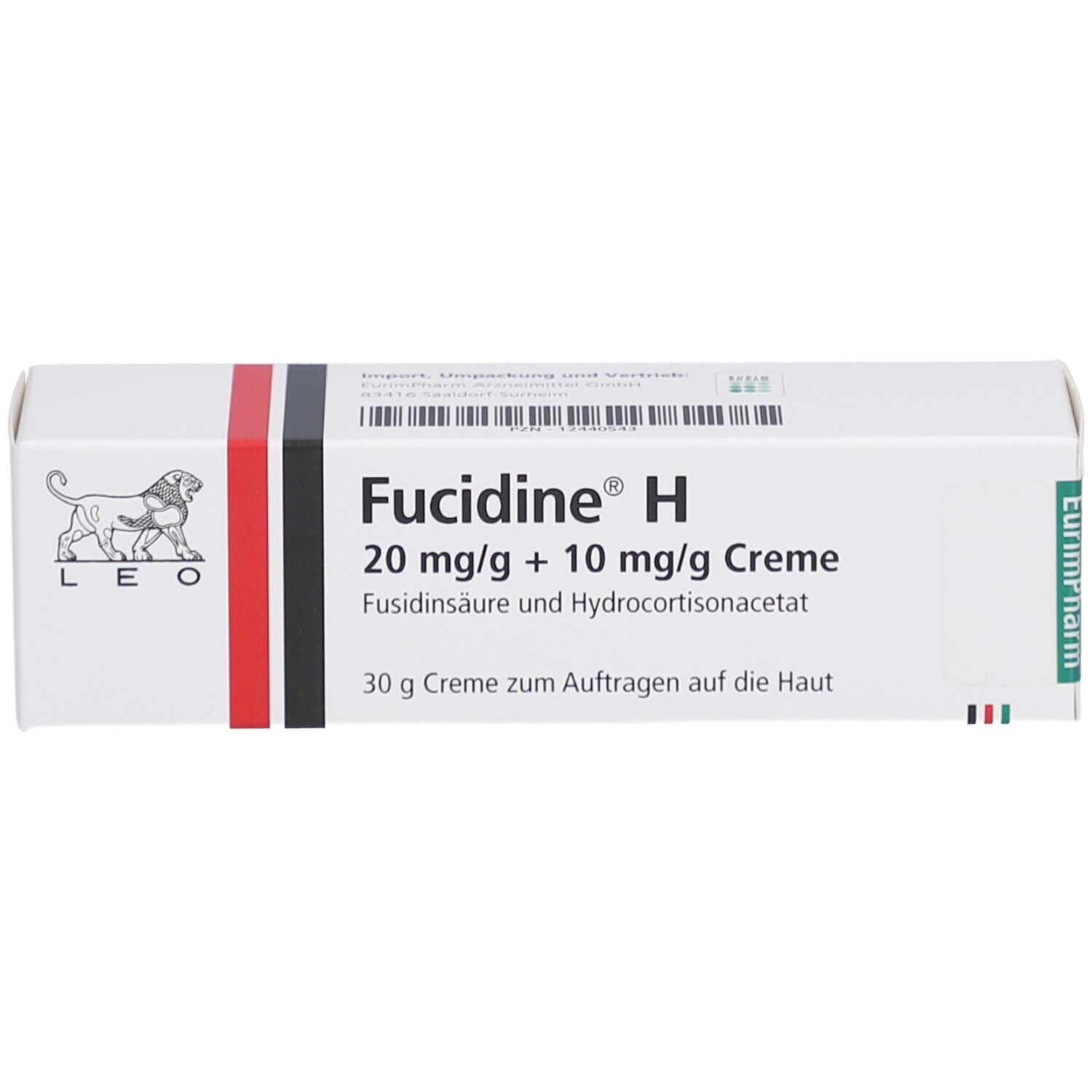 Weiße Faltschachtel mit rotem und schwarzem Streifen. Aufschrift: Fucidine H 20 mg/g + 10 mg/g Creme. Logo: Löwe.