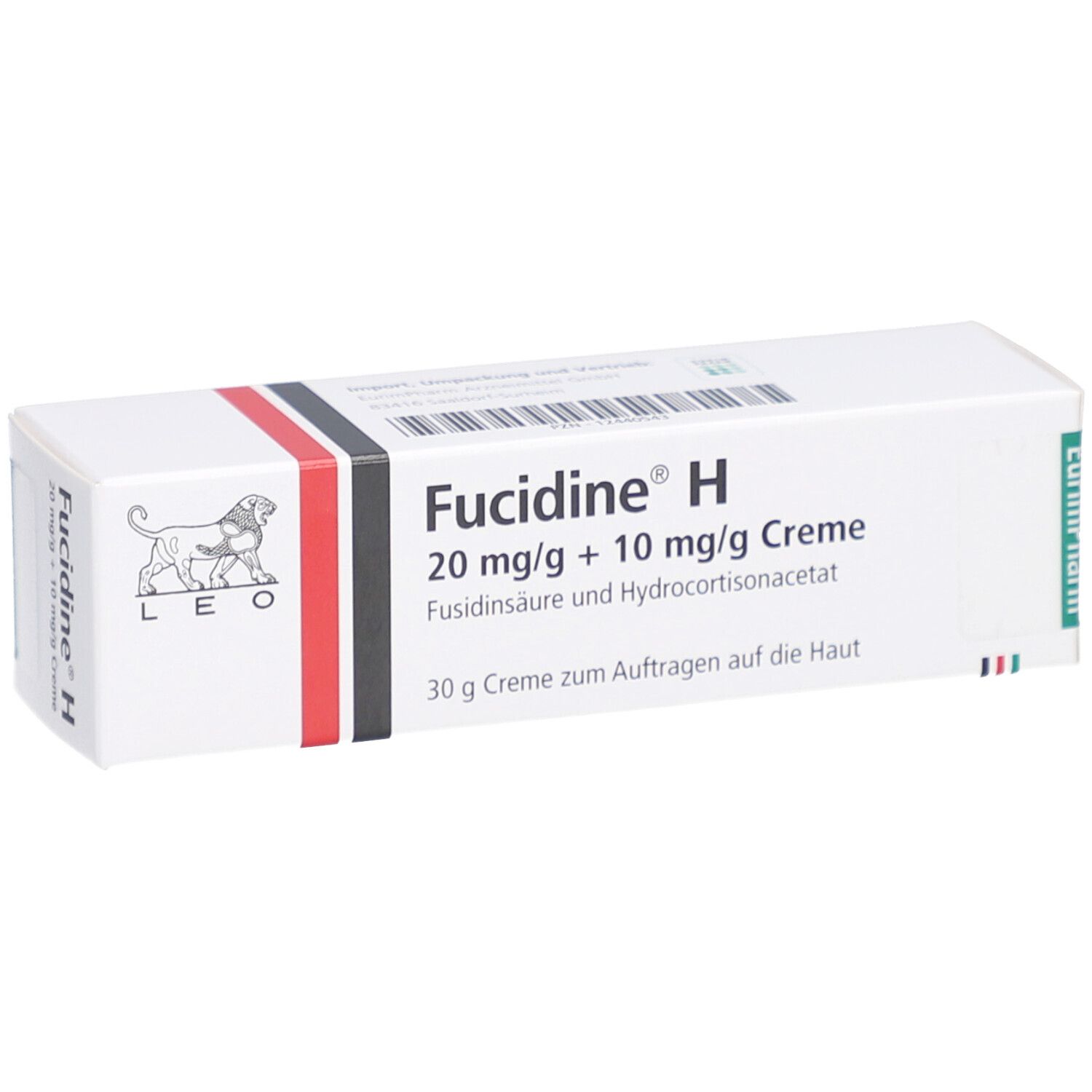 Weiße Faltschachtel mit rotem und schwarzem Streifen. Aufschrift: Fucidine H 20 mg/g + 10 mg/g Creme. Logo: Löwe.