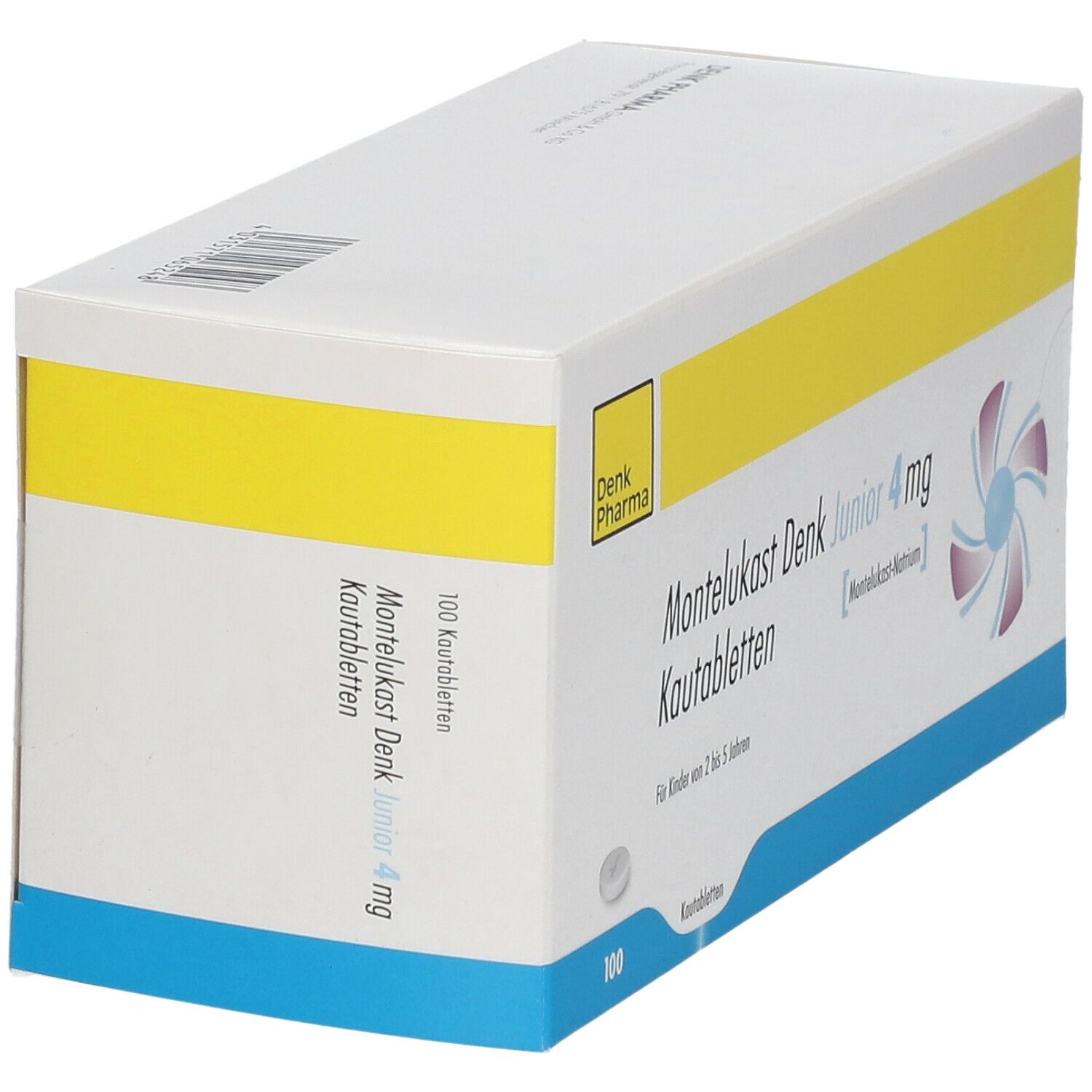 Schachtel mit Montelukast Denk Junior 4 mg Kautabletten. Gelber Streifen, blaue Akzente. Logo Denk Pharma. 100 Tabletten.