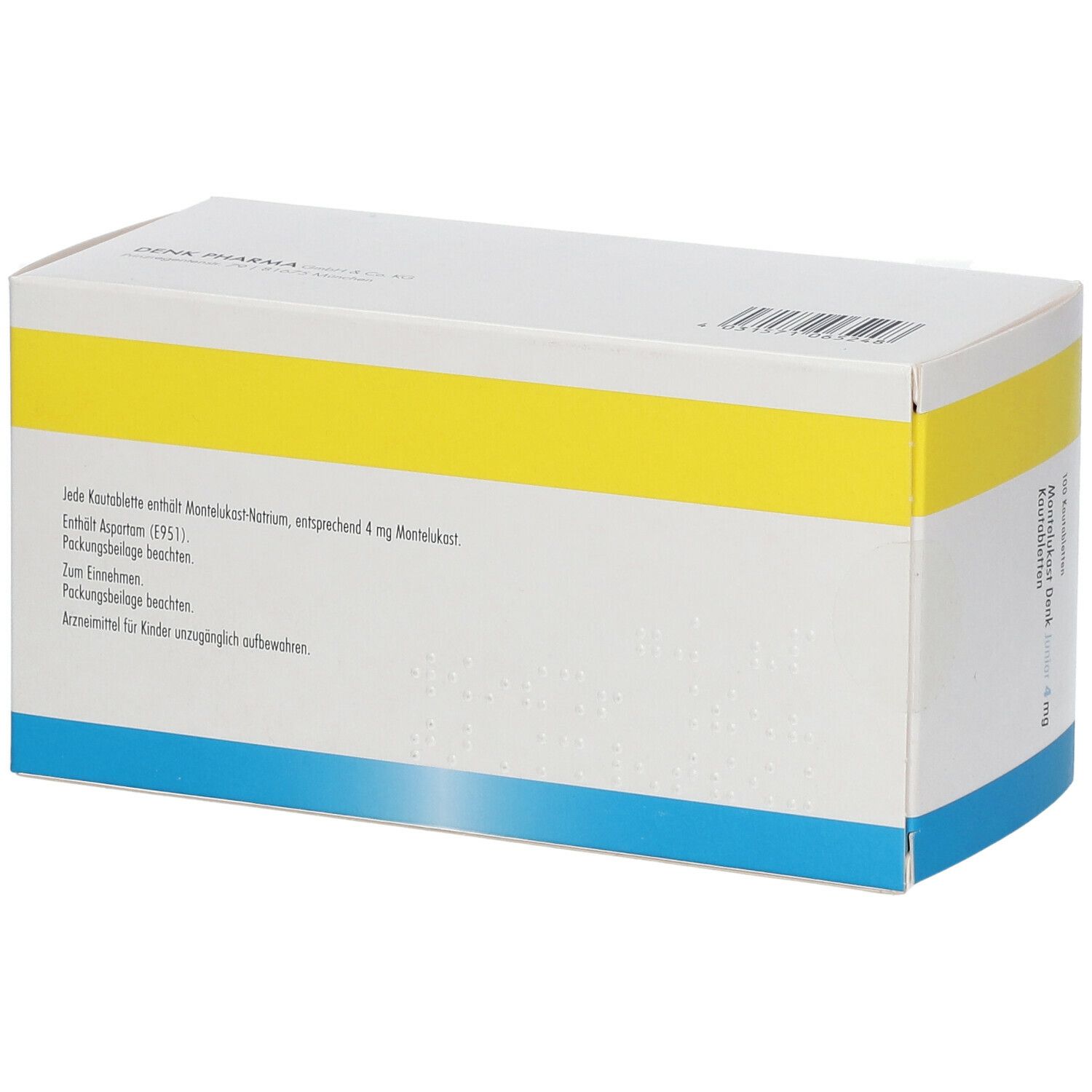 Rückseite der Schachtel mit Montelukast Denk Junior 4 mg. Textinformationen, gelber und blauer Streifen. Logo Denk Pharma.