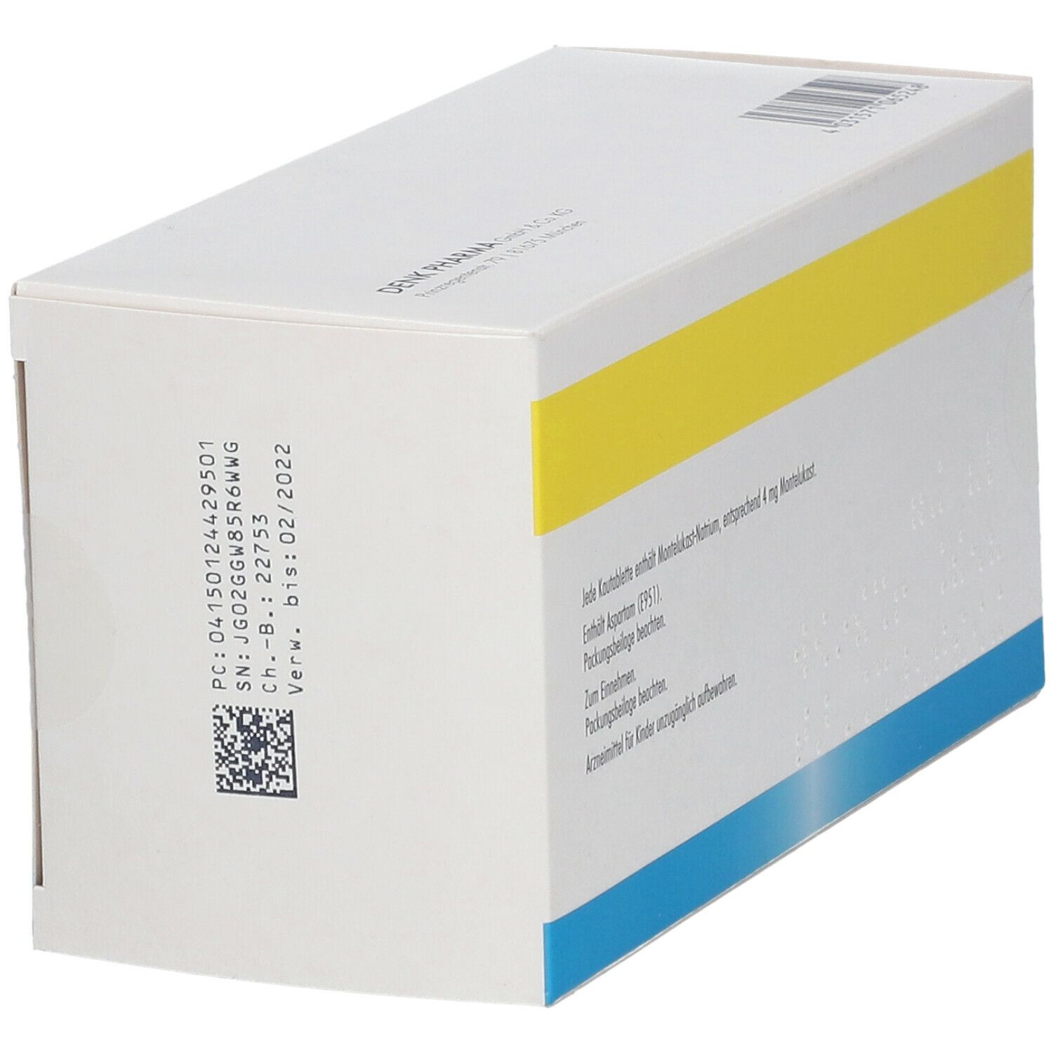 Seite der Schachtel mit Montelukast Denk Junior 4 mg. Textinformationen, gelber und blauer Streifen. Barcode und QR-Code.
