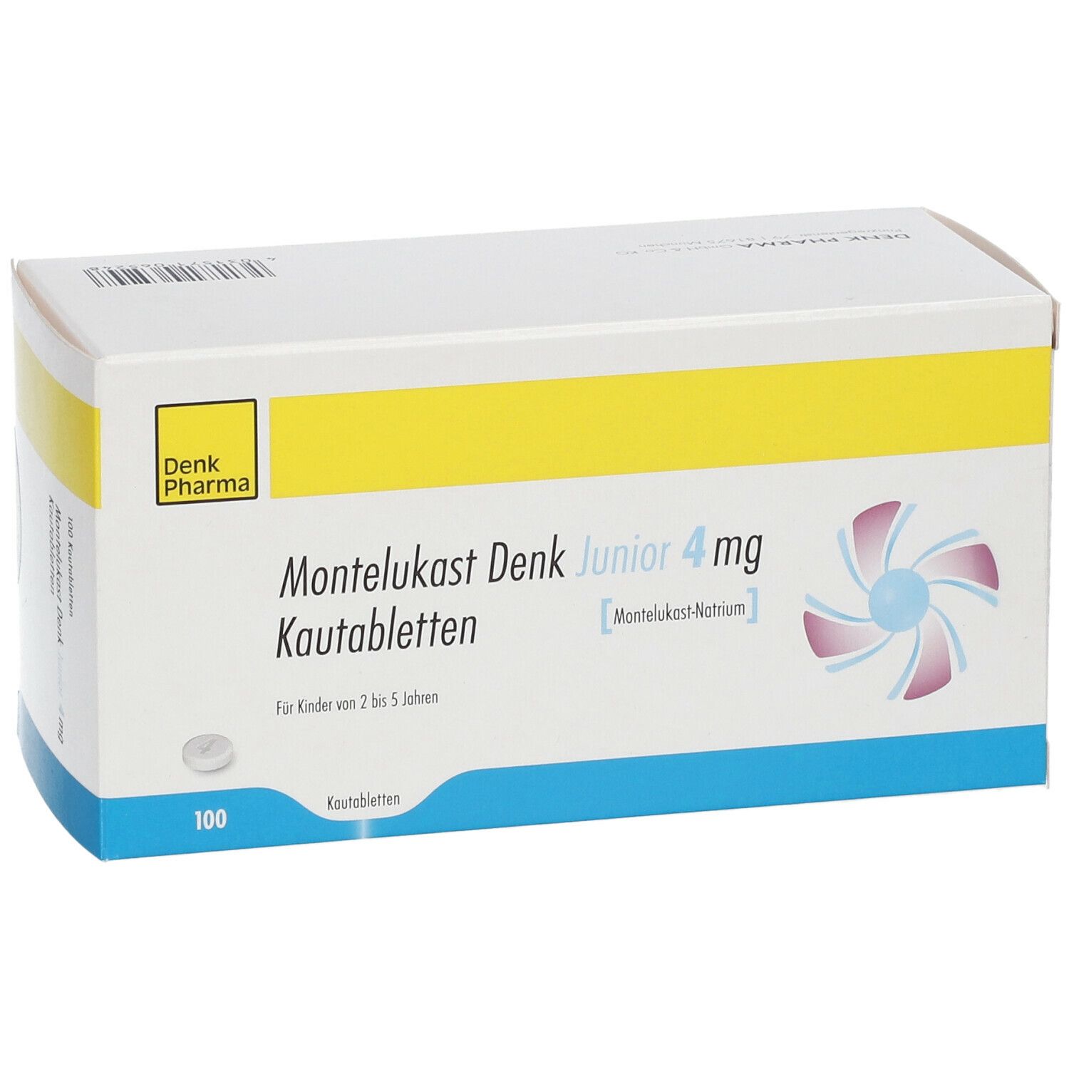 Schachtel mit Montelukast Denk Junior 4 mg Kautabletten. Gelber Streifen, blaue Akzente. 100 Tabletten. Logo Denk Pharma.