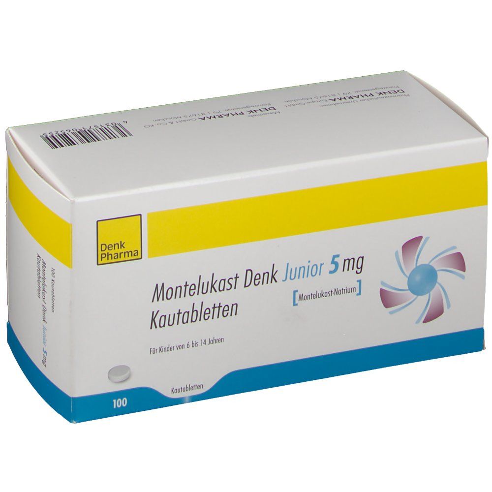 Schachtel Montelukast Denk Junior 5 mg. Weiß, gelb und blau. Aufschrift: Kautabletten, 100 Stück. Logo Denk Pharma. Für Kinder von 6 bis 14 Jahren.