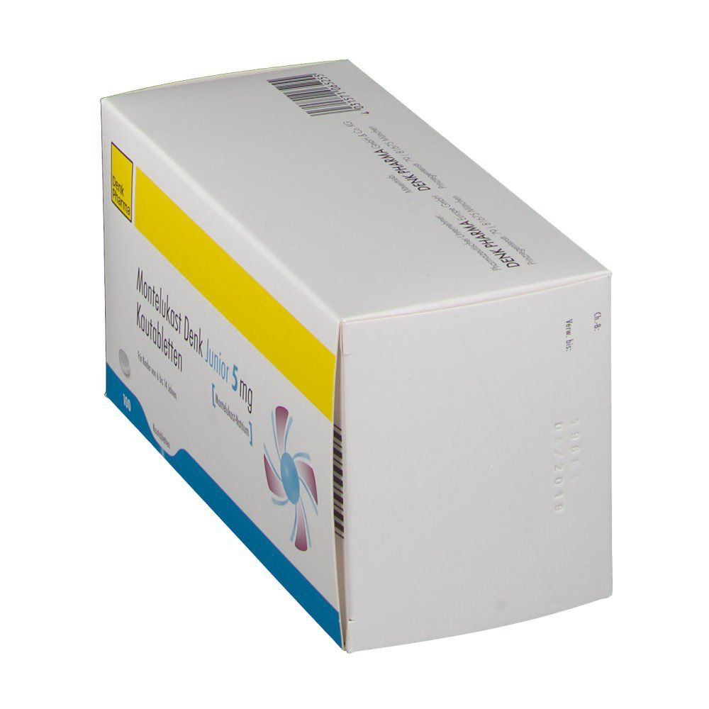 Schachtel Montelukast Denk Junior 5 mg. Weiß, gelb und blau. Logo Denk Pharma. Aufschrift: Kautabletten. Ansicht von der Seite.