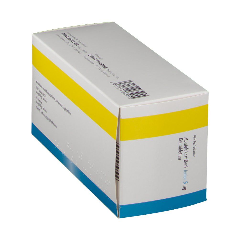 Schachtel Montelukast Denk Junior 5 mg. Weiß, gelb und blau. Aufschrift: Kautabletten, 100 Stück. Logo Denk Pharma. Ansicht von der Seite.