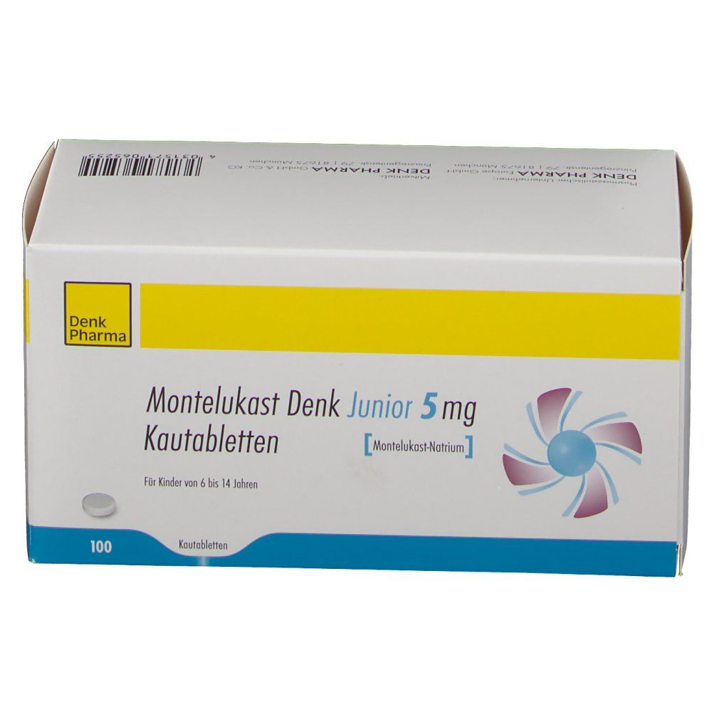 Schachtel Montelukast Denk Junior 5 mg. Weiß, gelb und blau. Aufschrift: Kautabletten, 100 Stück. Logo Denk Pharma. Für Kinder von 6 bis 14 Jahren.