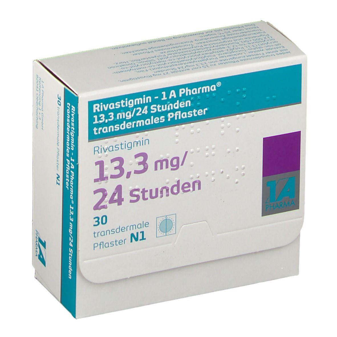 Schachtel Rivastigmin - 1 A Pharma, 13,3 mg/24 Stunden transdermales Pflaster. Weiße Schachtel mit blauer und violetter Schrift.