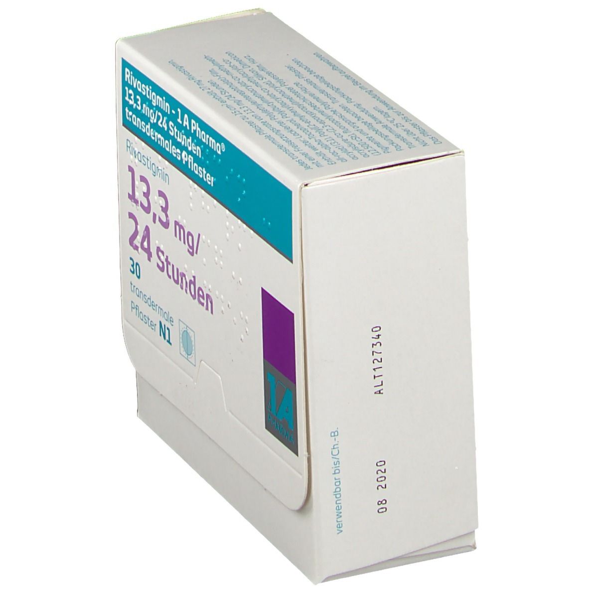 Schachtel Rivastigmin - 1 A Pharma, 13,3 mg/24 Stunden transdermales Pflaster. Seitenansicht mit Haltbarkeitsdatum.