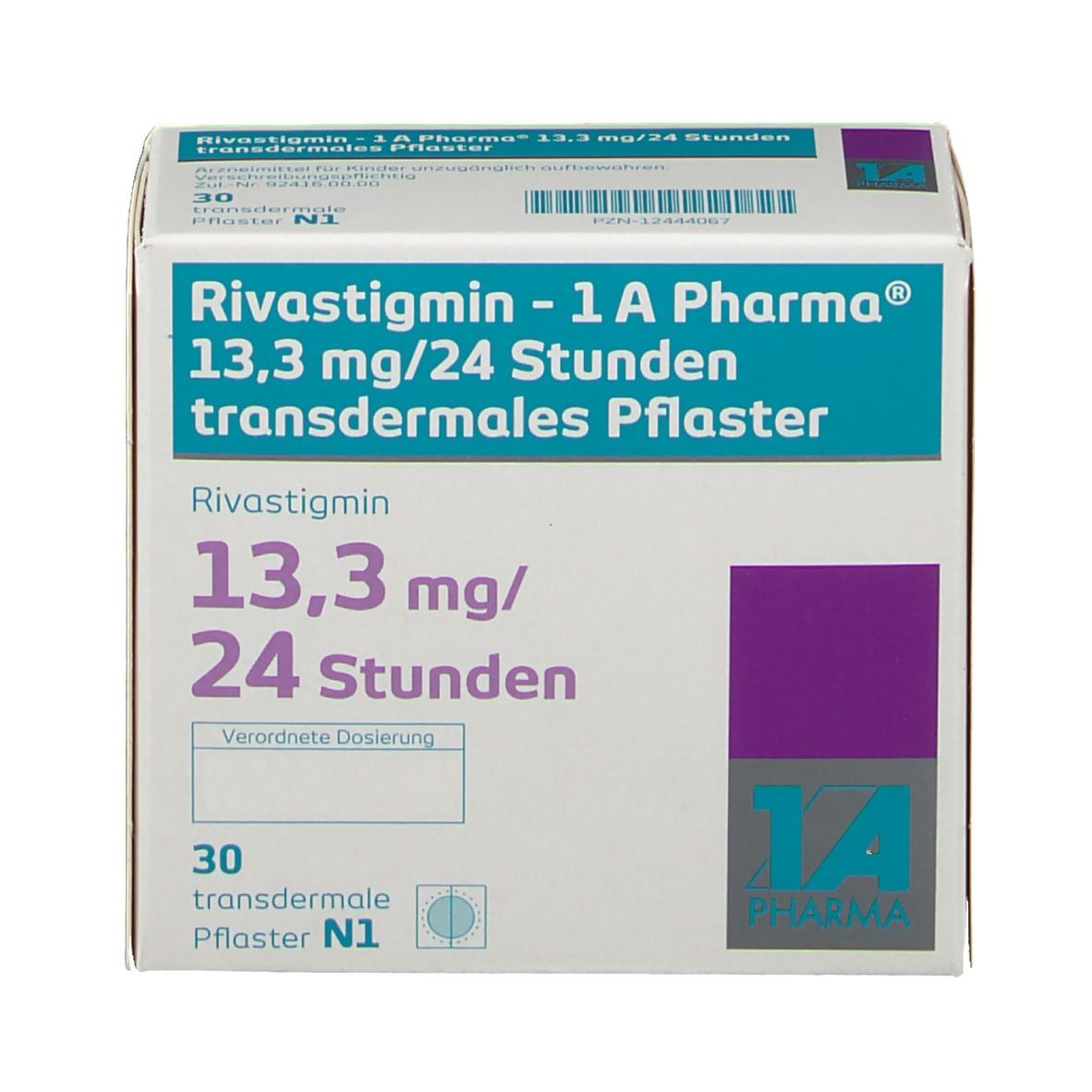 Schachtel Rivastigmin - 1 A Pharma, 13,3 mg/24 Stunden transdermales Pflaster. Weiße Schachtel mit blauer und violetter Schrift.