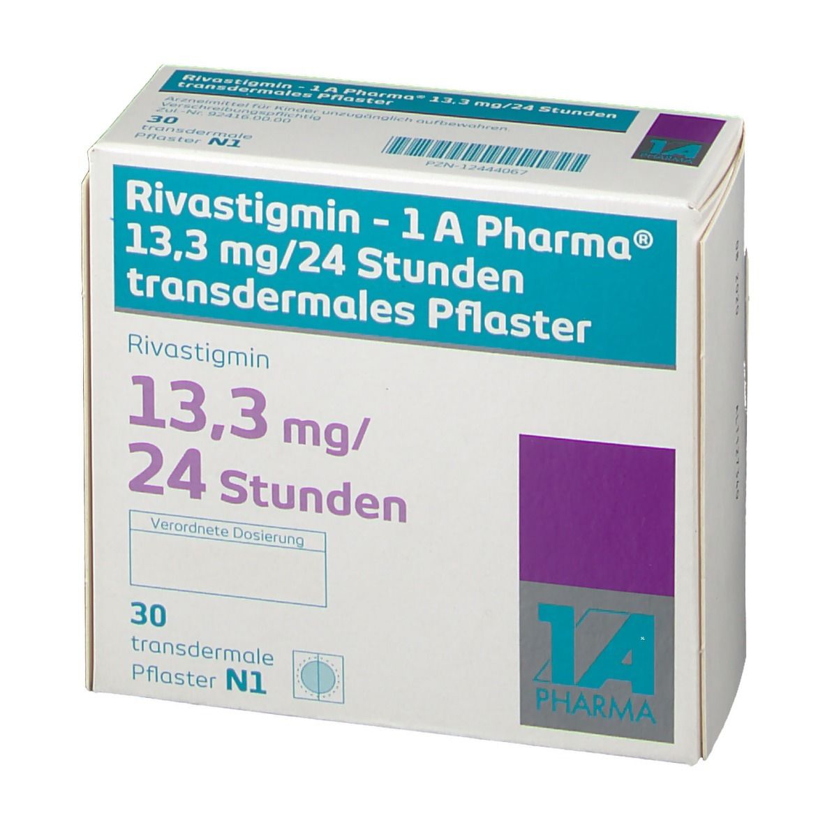Schachtel Rivastigmin - 1 A Pharma, 13,3 mg/24 Stunden transdermales Pflaster. Weiße Schachtel mit blauer und violetter Schrift.