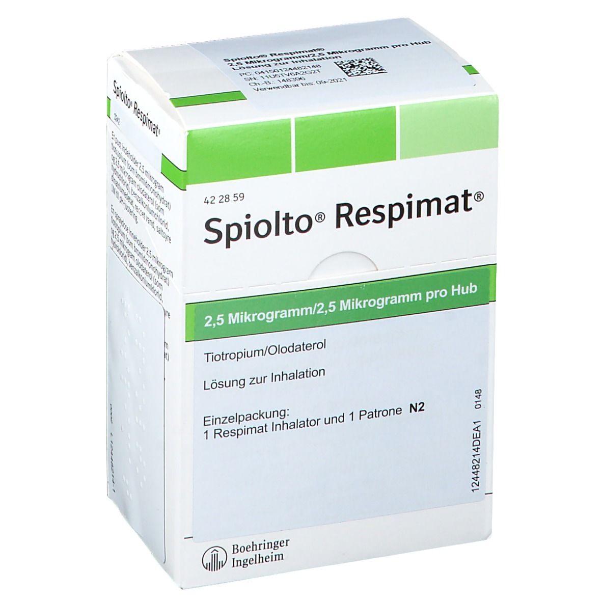 Schachtel mit "Spiolto Respimat". Grün-weiße Verpackung. Text: 2,5 Mikrogramm/2,5 Mikrogramm pro Hub. Einzelpackung.