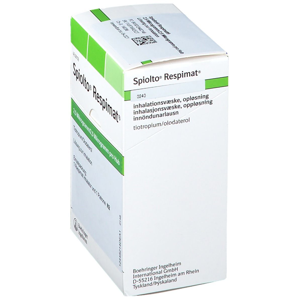 Schachtel "Spiolto Respimat". Grün-weiße Verpackung. Text: 2,5 Mikrogramm/2,5 Mikrogramm pro Hub. Herstellerangaben.
