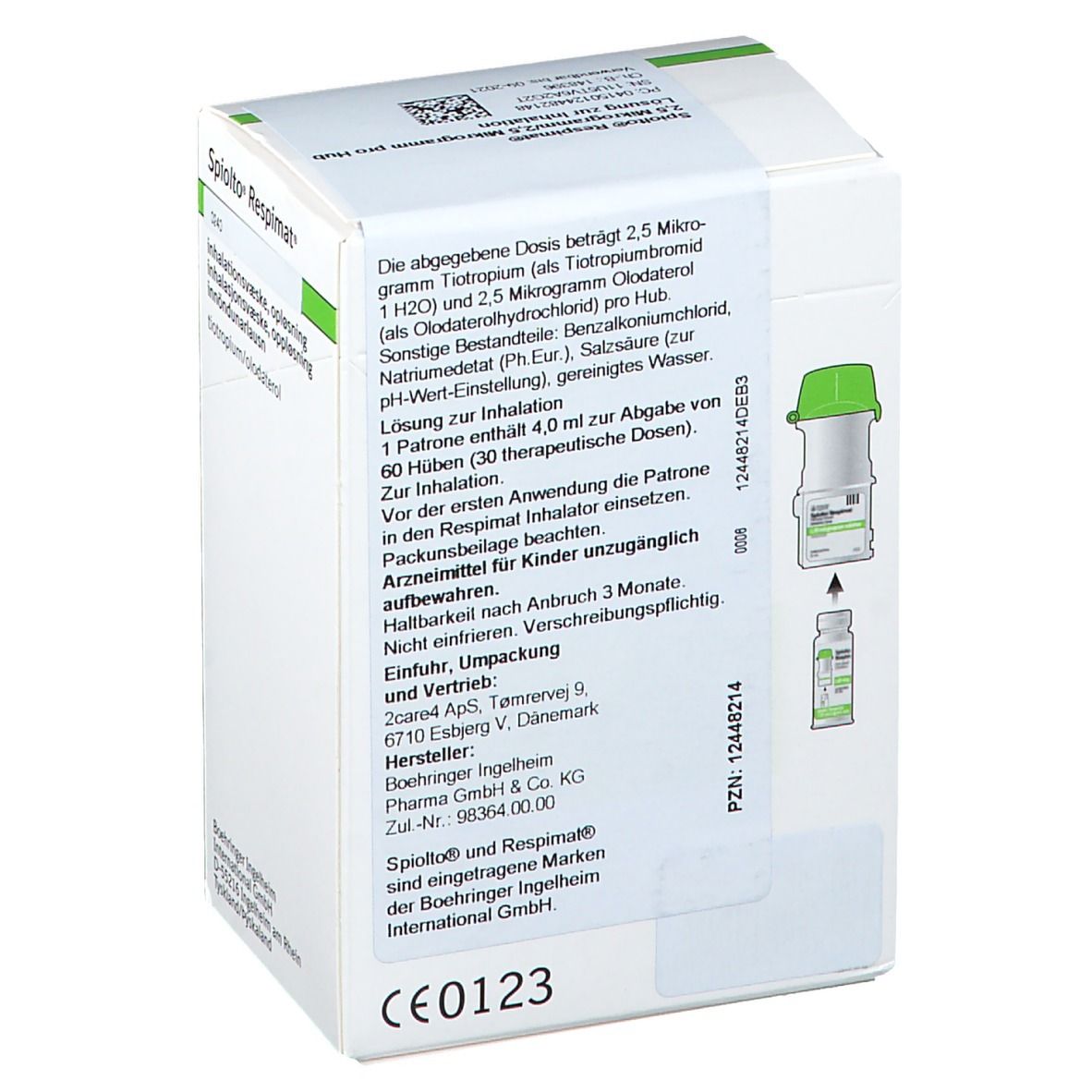 Rückseite der Schachtel "Spiolto Respimat". Text: Dosierung, Inhaltsstoffe, Gebrauchsanweisung, Warnhinweise. Mit Abbildung.