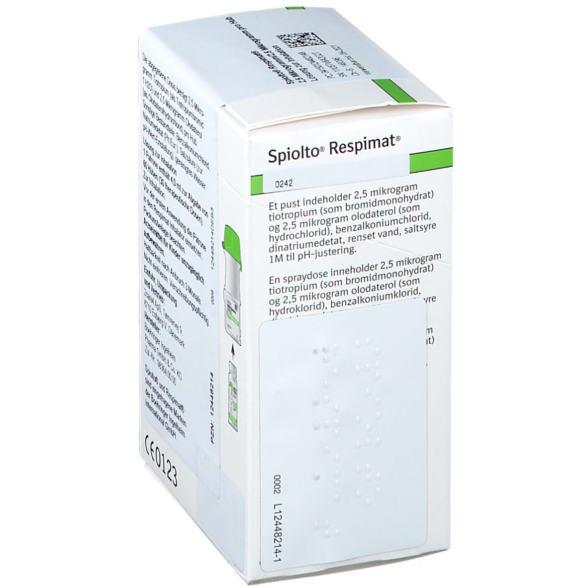 Schachtel "Spiolto Respimat". Text: Inhaltsstoffe, Dosierung. Mit Abbildung. Grün-weiße Verpackung.