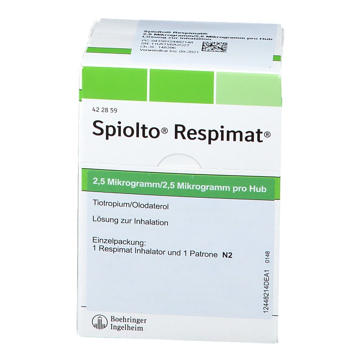 Schachtel "Spiolto Respimat". Grün-weiße Verpackung. Text: 2,5 Mikrogramm/2,5 Mikrogramm pro Hub. Einzelpackung.