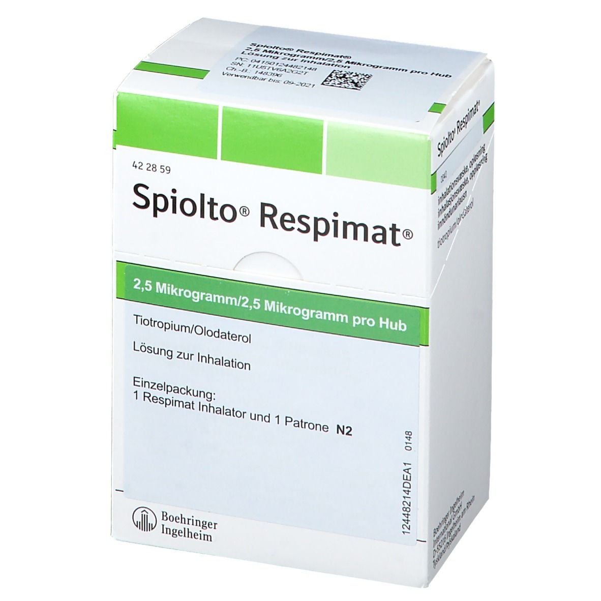 Schachtel "Spiolto Respimat". Grün-weiße Verpackung. Text: 2,5 Mikrogramm/2,5 Mikrogramm pro Hub. Einzelpackung.
