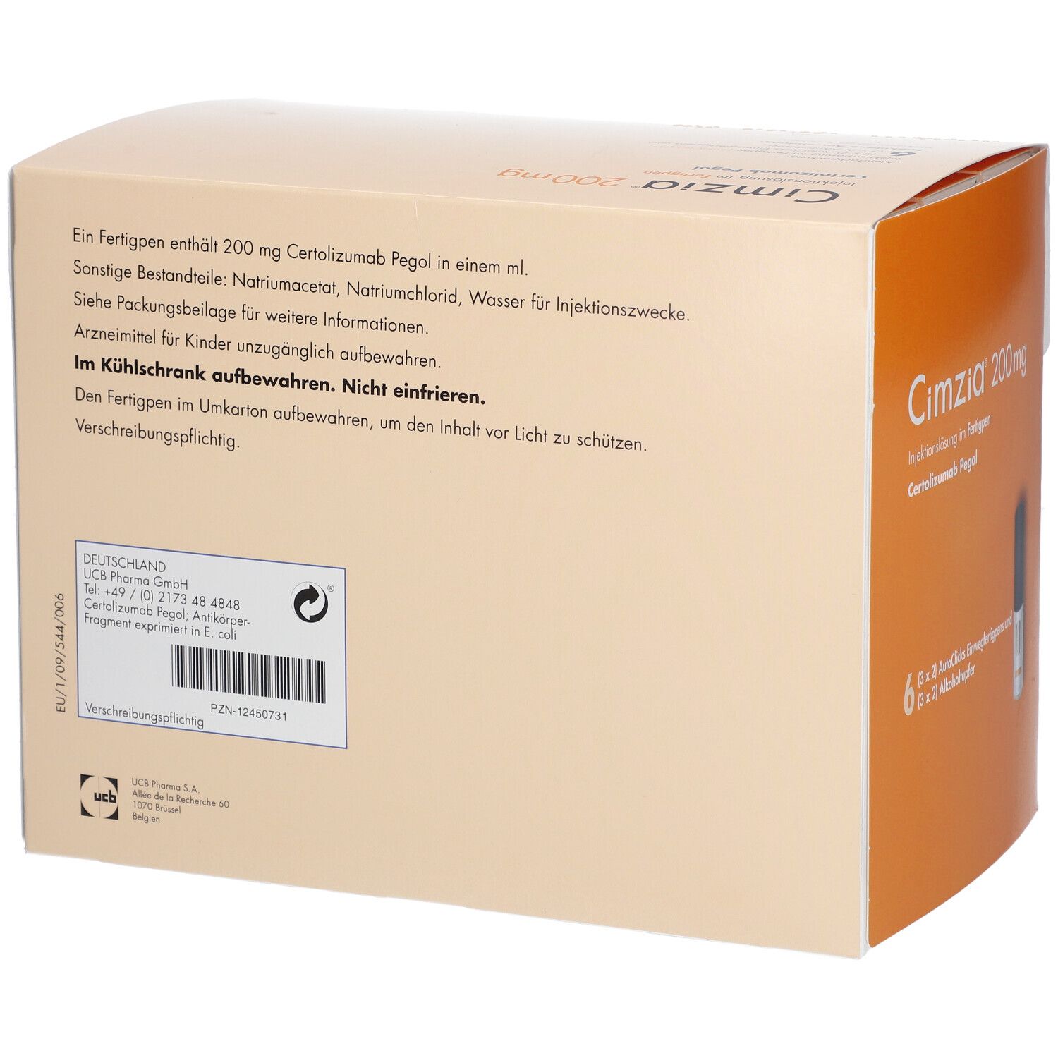 Rückseite der Cimzia 200 mg Packung mit Anwendungshinweisen und Herstellerinformationen.