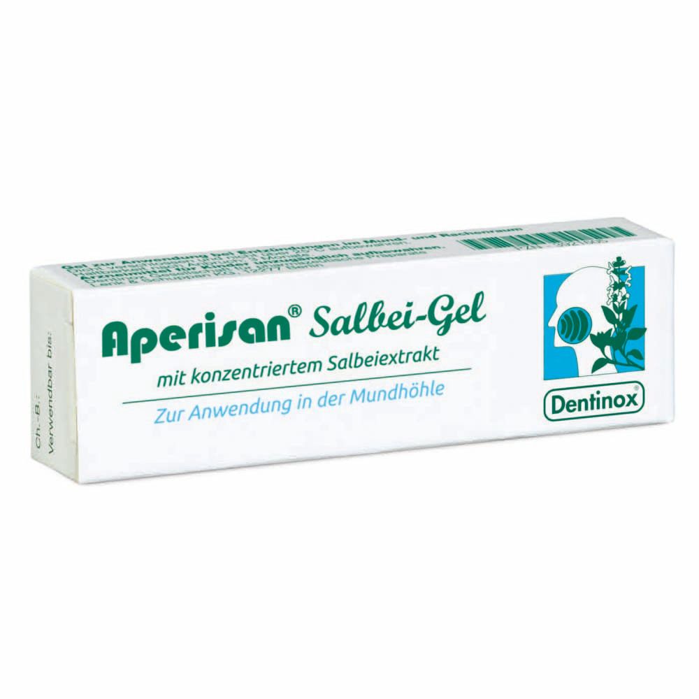 Weißer Karton mit grüner und blauer Schrift. Aufschrift: Aperisan Salbei-Gel. Logo: Mund mit Salbeizweig.