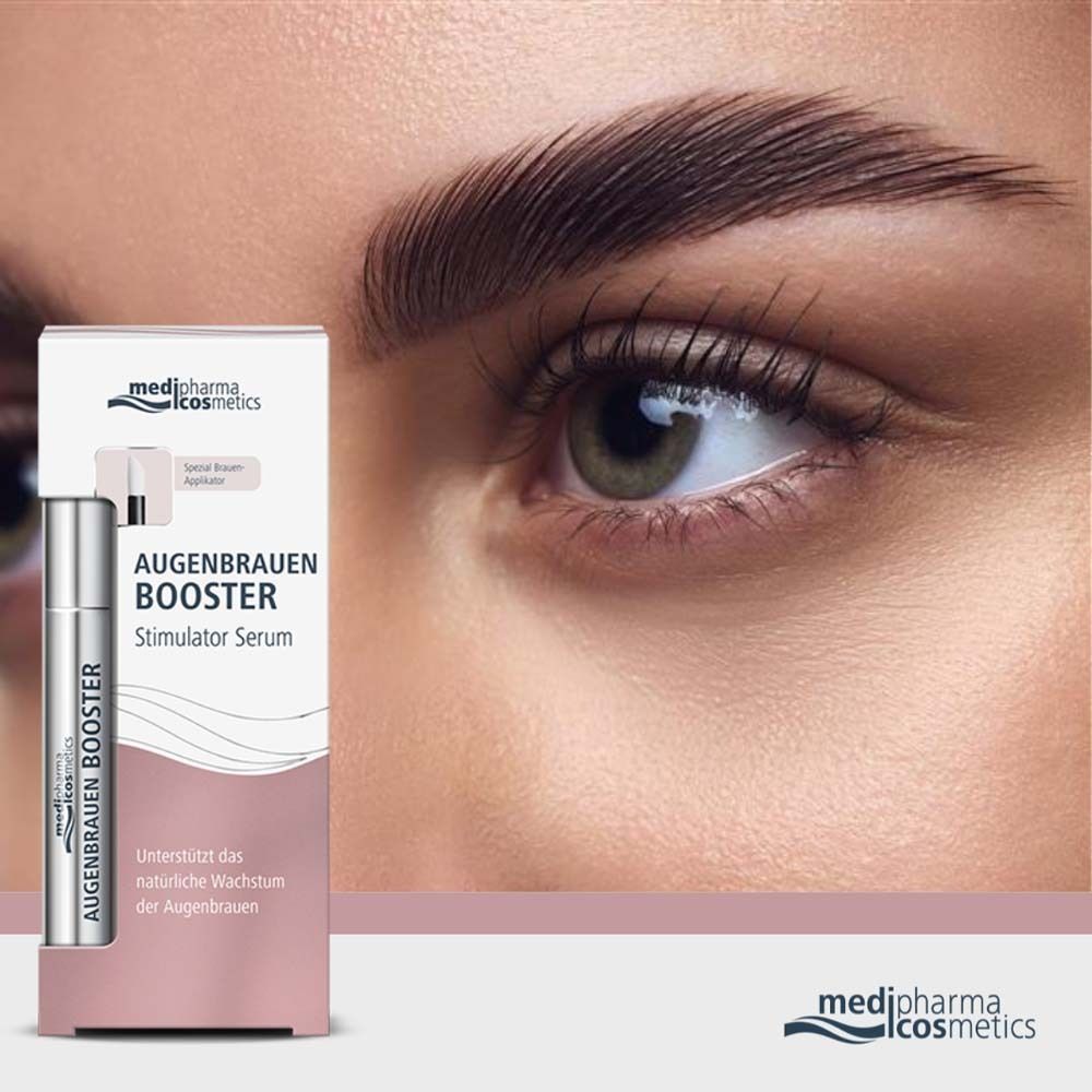 Auge mit Augenbraue. Produktverpackung mit Augenbrauen Booster. Marke: medipharma cosmetics.