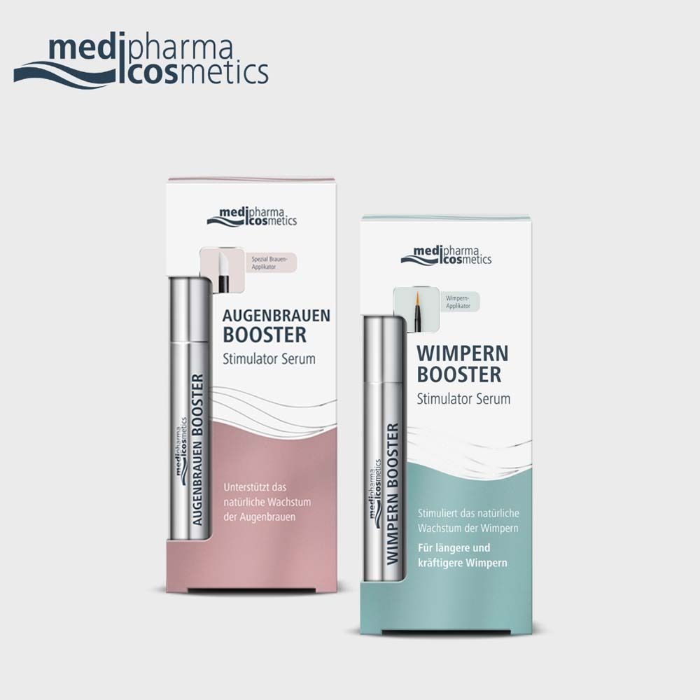 Zwei Produktverpackungen. Augenbrauen Booster und Wimpern Booster. Marke: medipharma cosmetics.