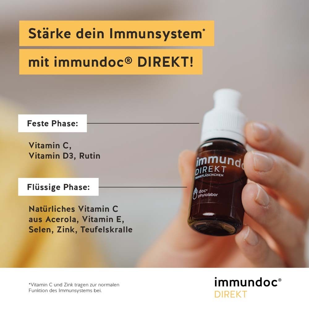 Produktfläschchen von immundoc® DIREKT. Enthält Vitamin C, D3, Rutin, Acerola, Vitamin E, Selen, Zink. Braune Flasche.