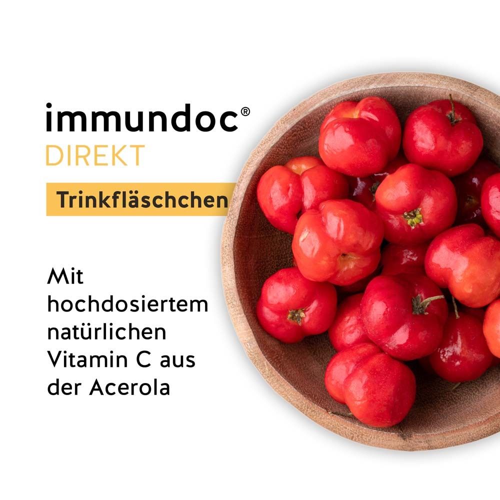 Schale mit Acerola-Kirschen. Rote Früchte in einer Holzschale. immundoc® DIREKT Logo.