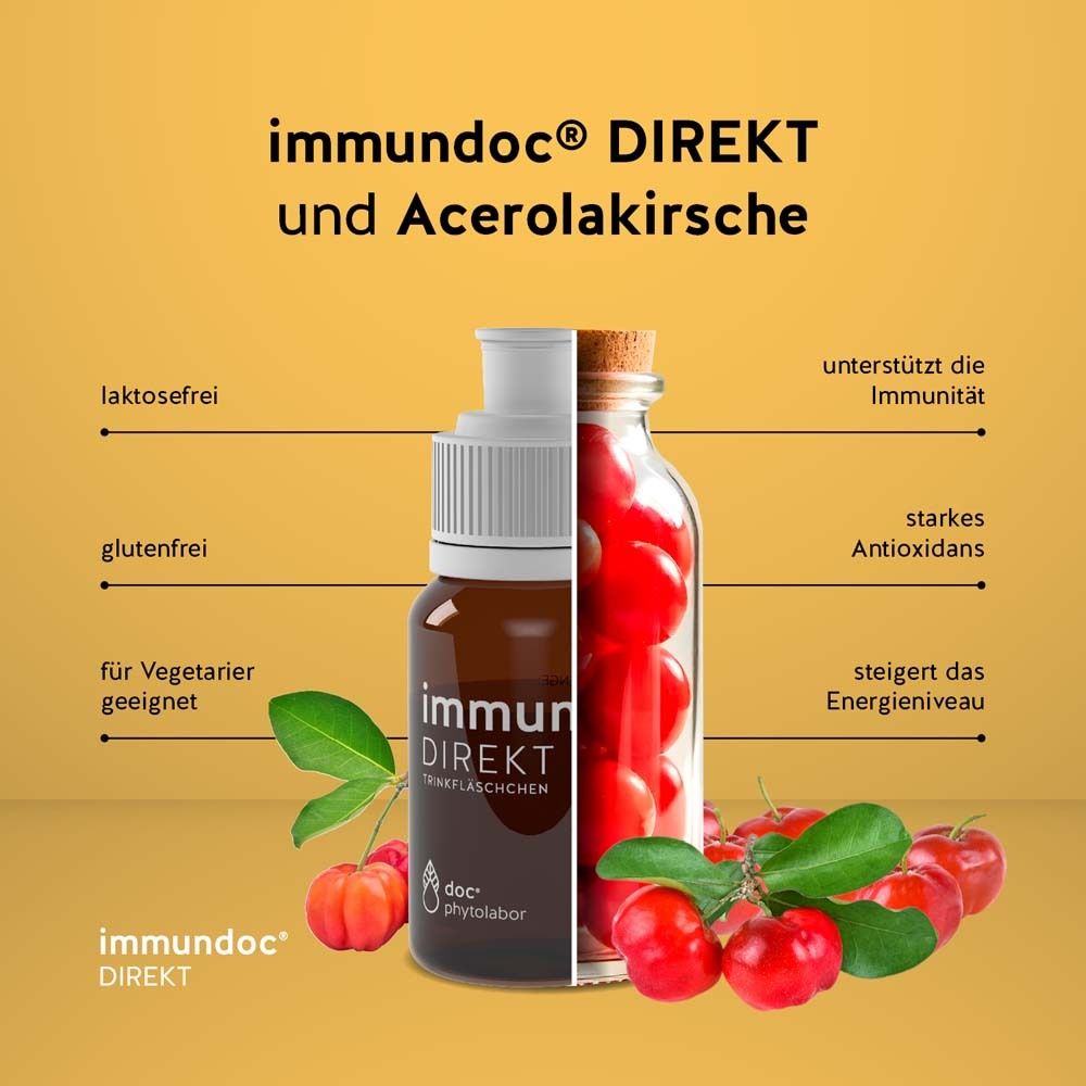 Geöffnete Flasche von immundoc® DIREKT mit Acerola-Kirschen. Enthält Vitamin C. Braune Flasche, rote Früchte.