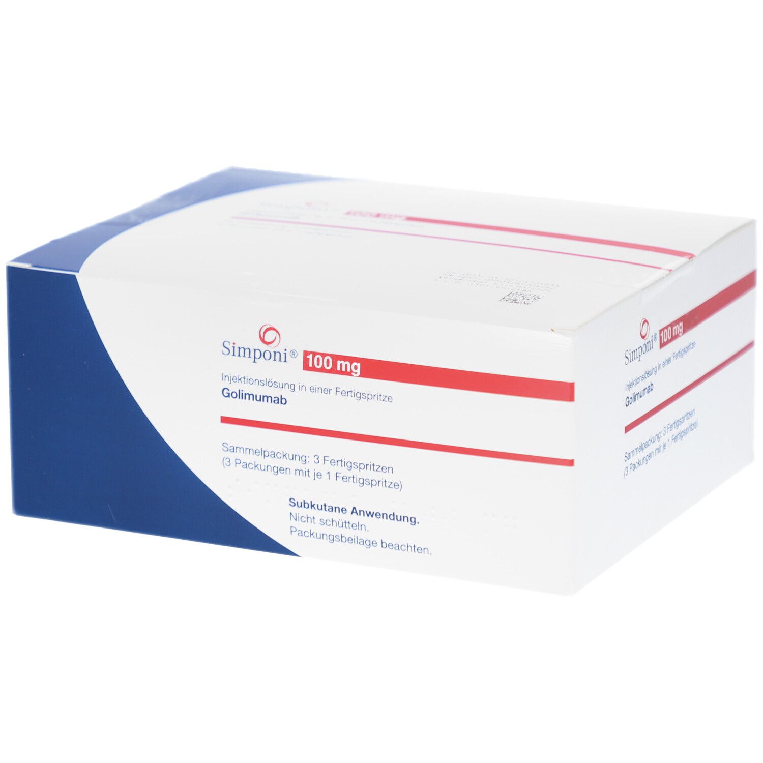 Weiß-blaue Faltschachtel mit roter Schrift. Aufdruck: Simponi 100 mg, Injektionslösung. Enthält 3 Fertigspritzen.