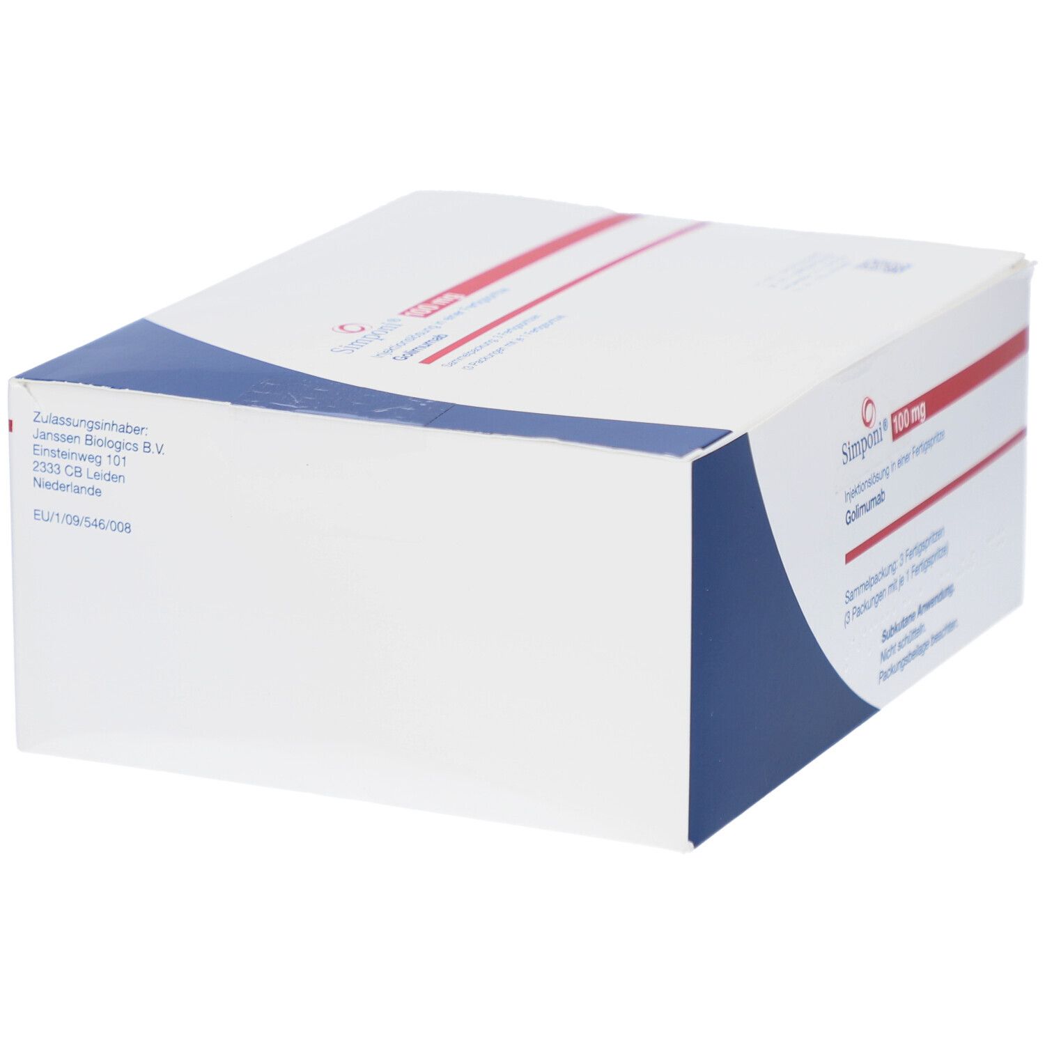 Weiße Faltschachtel mit blauem und rotem Design. Aufdruck: Simponi 100 mg. Rückseite mit Herstellerinformationen.