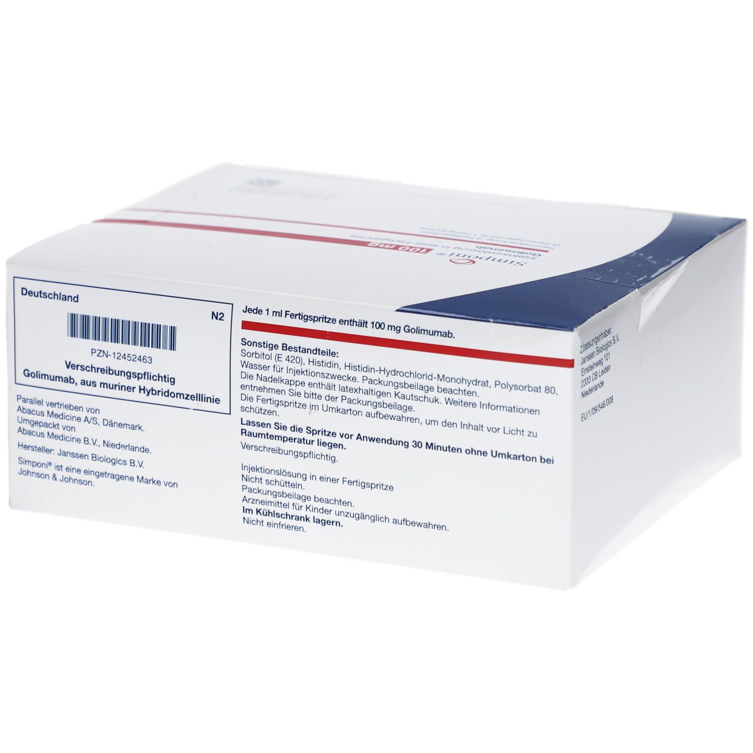 Weiße Faltschachtel mit blauen und roten Akzenten. Aufdruck: Simponi 100 mg. Enthält Informationen zur Zusammensetzung.