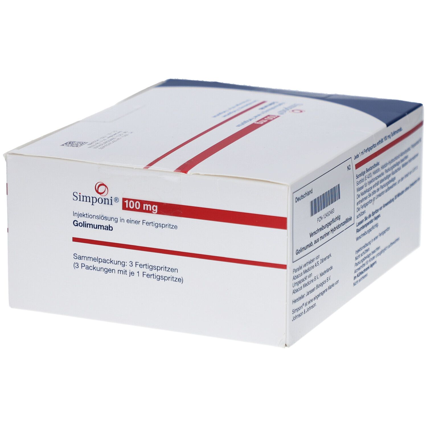 Weiße Faltschachtel mit roter und blauer Gestaltung. Aufdruck: Simponi 100 mg, Injektionslösung. Mit Barcode.