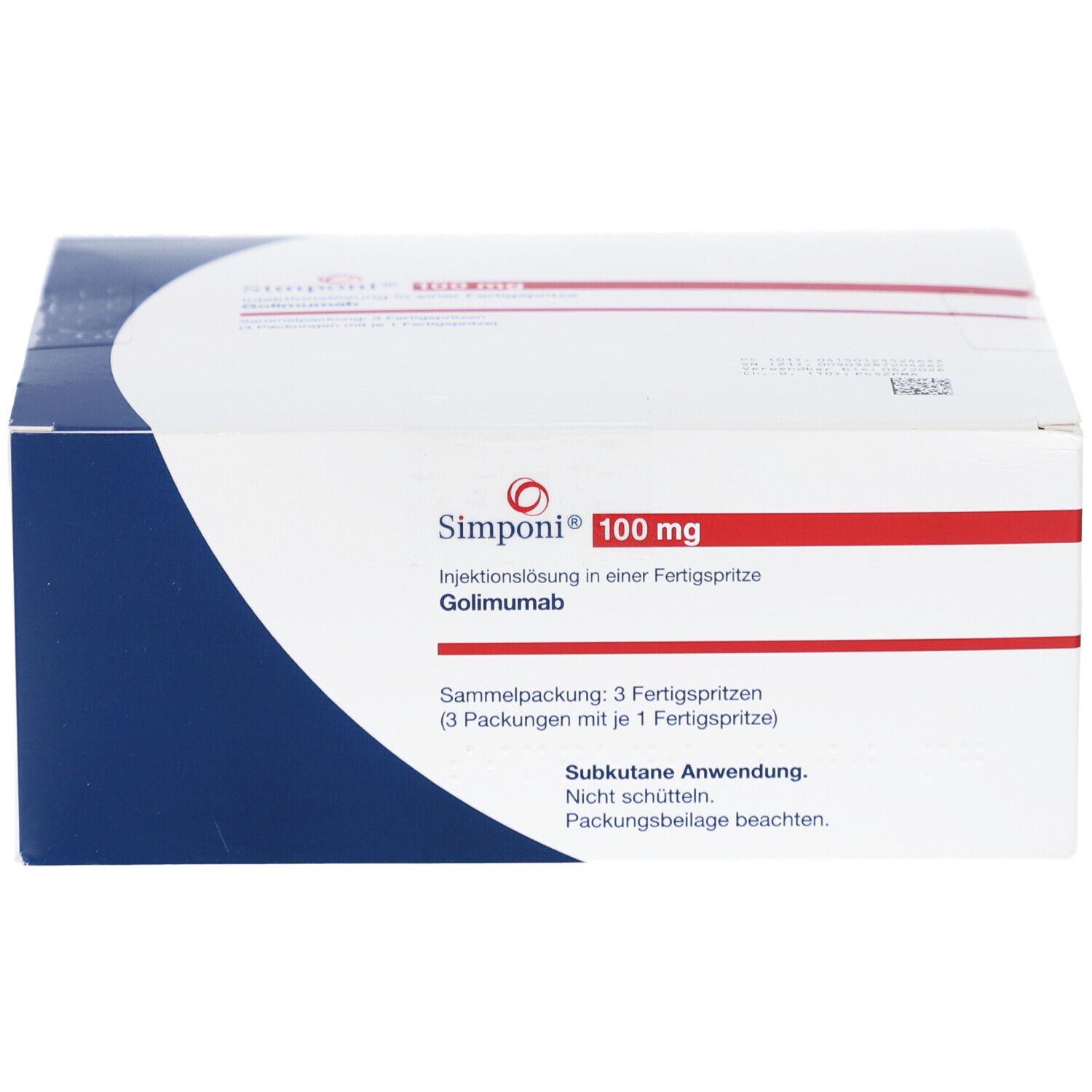 Weiße Faltschachtel mit blauem Design. Aufdruck: Simponi 100 mg, Injektionslösung. Enthält 3 Fertigspritzen.
