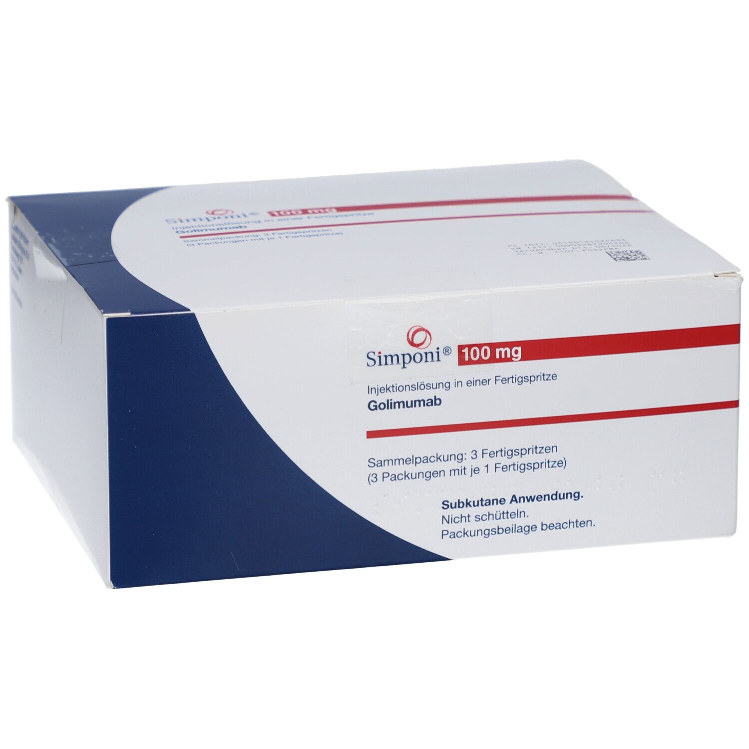 Weiße Faltschachtel mit blauem Design. Aufdruck: Simponi 100 mg, Injektionslösung. Enthält 3 Fertigspritzen.