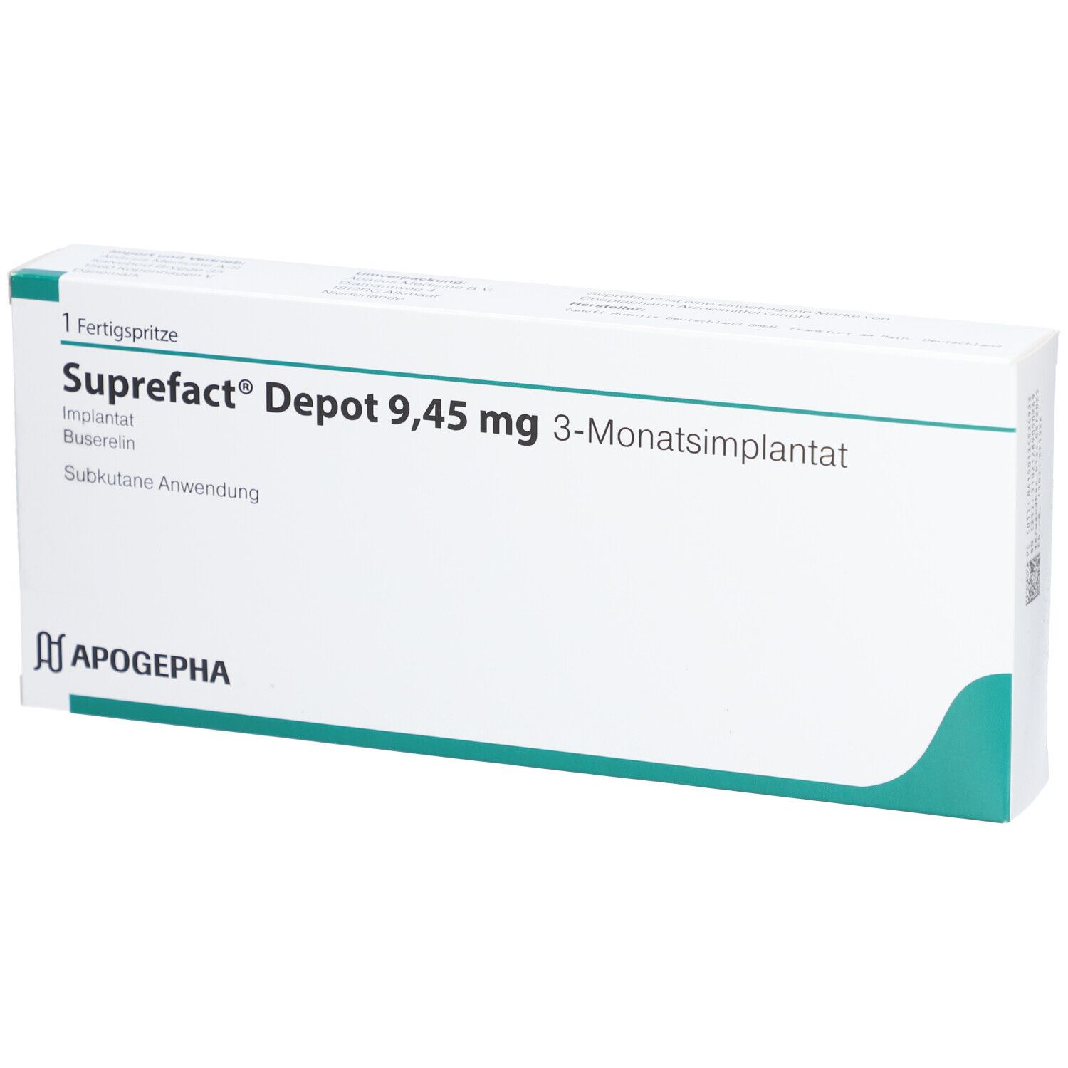 Schachtel mit Aufschrift Suprefact Depot 9,45 mg 3-Monatsimplantat. Apothekenlogo.