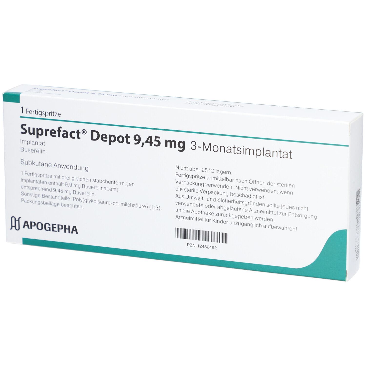 Schachtel mit Text Suprefact Depot 9,45 mg 3-Monatsimplantat. Zusätzliche Informationen.