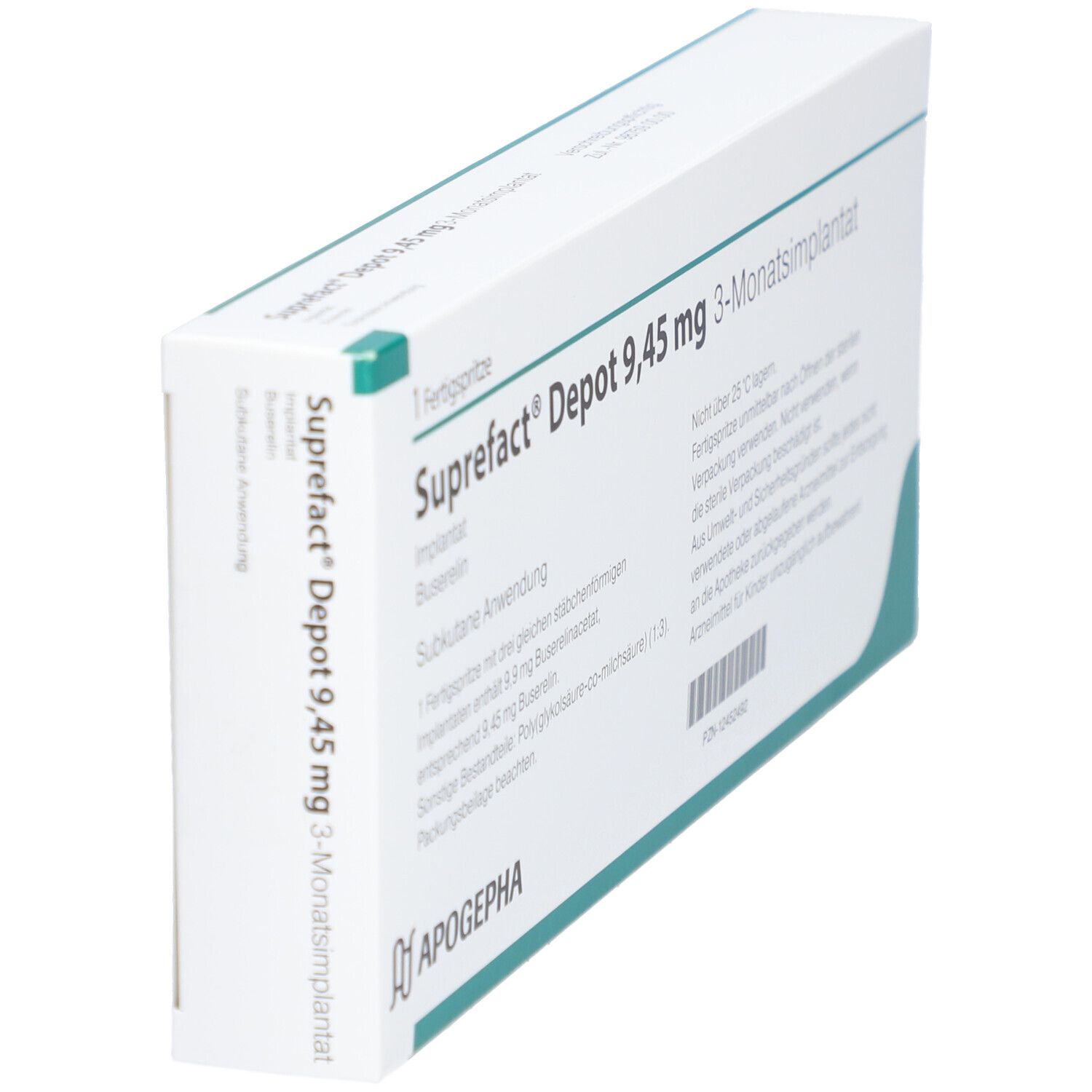 Schräg gestellte Schachtel mit Text Suprefact Depot 9,45 mg 3-Monatsimplantat. Details.