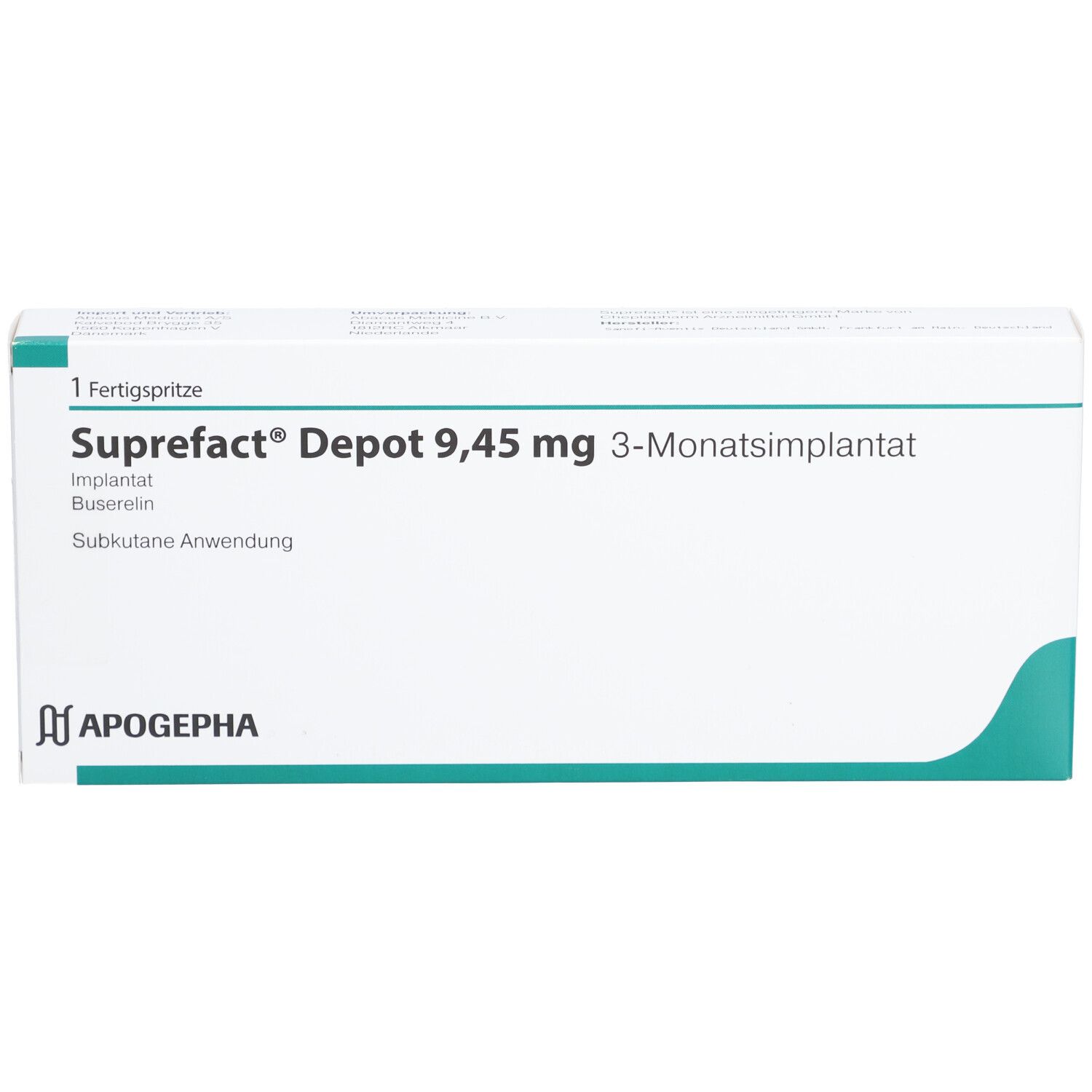 Schachtel mit Aufschrift Suprefact Depot 9,45 mg 3-Monatsimplantat. Apothekenlogo.