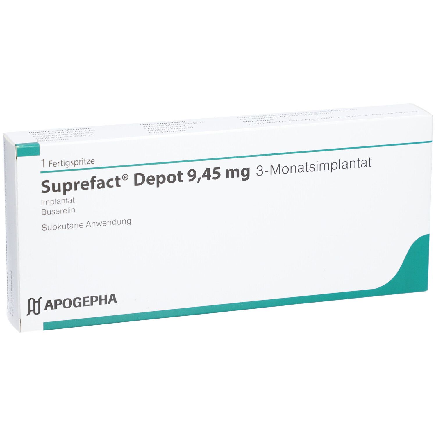Schachtel mit Aufschrift Suprefact Depot 9,45 mg 3-Monatsimplantat. Apothekenlogo.