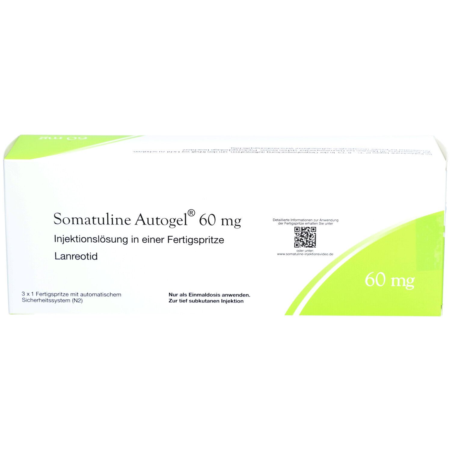 Verpackung mit SOMATULINE Autogel 60 mg Injektionslösung in Fertigspritze. Enthält 3 Fertigspritzen mit automatischem Sicherheitssystem.