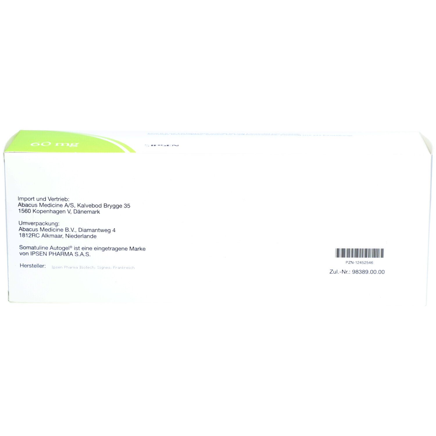 Rückseite der Verpackung von SOMATULINE Autogel. Enthält Informationen zu Import, Vertrieb, Umverpackung und Hersteller.