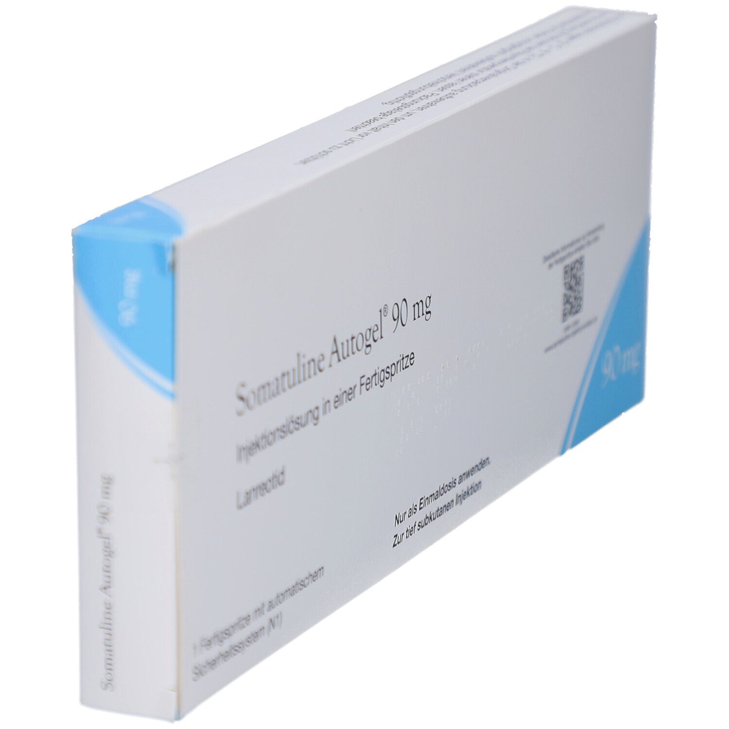 Schachtel von Somatuline Autogel 90 mg. Blaue und weiße Verpackung, diagonale Ansicht. Produktname und Informationen.